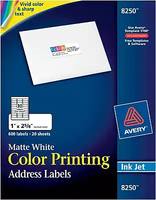 Vivid color & sharp text
8250™
Use Avery® Template 5160™
Free Templates & Software
1" x 2 5/8" (actual size)
600 labels - 20 sheets
Matte White Color Printing Address Labels
AVERY®
Ink Jet
8250™
