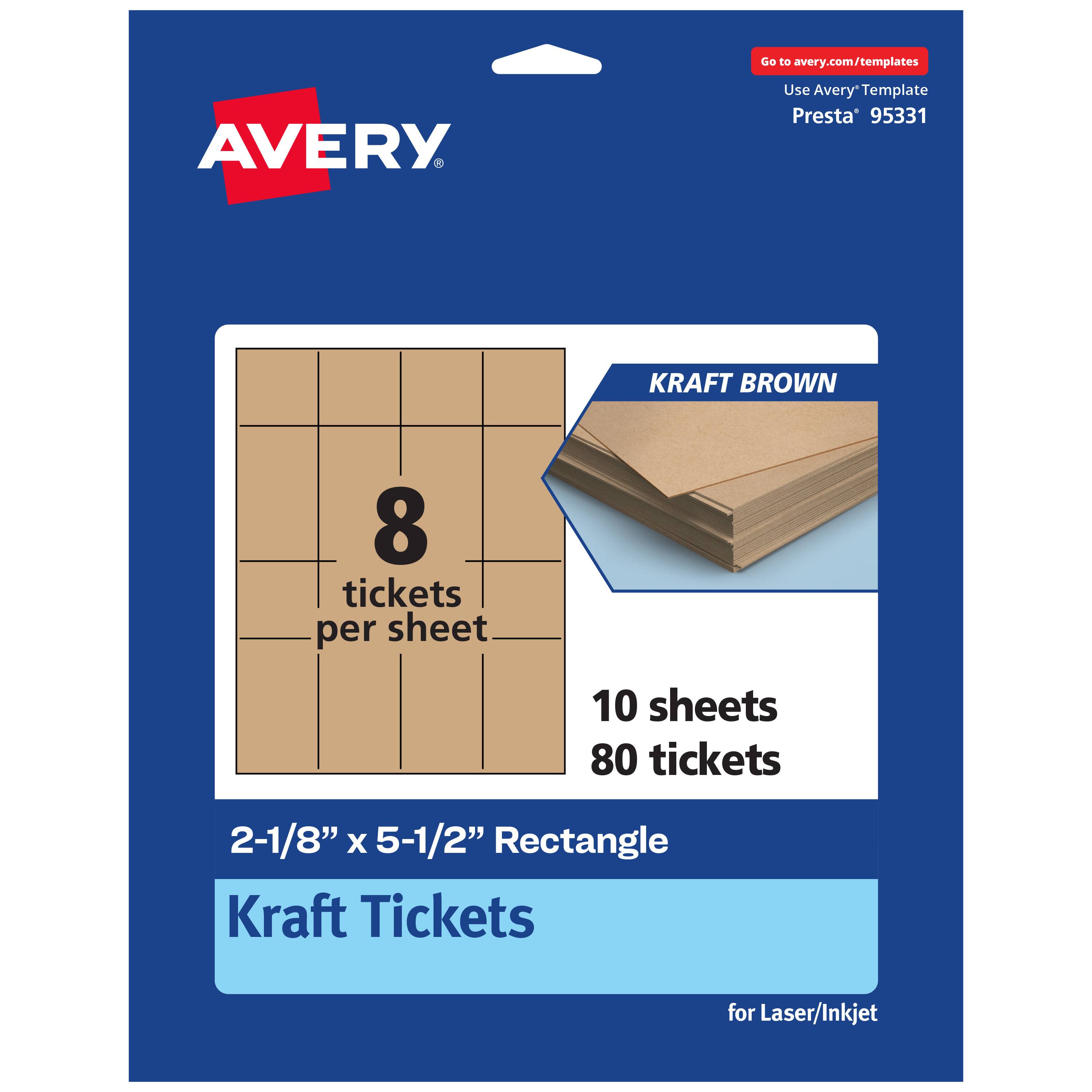 Go to avery.com/templates  
Use Avery Template Presta® 95331  
KRAFT BROWN  
8 tickets per sheet  
10 sheets 80 tickets  
2-1/8" x 5-1/2" Rectangle  
Kraft Tickets for Laser/Inkjet