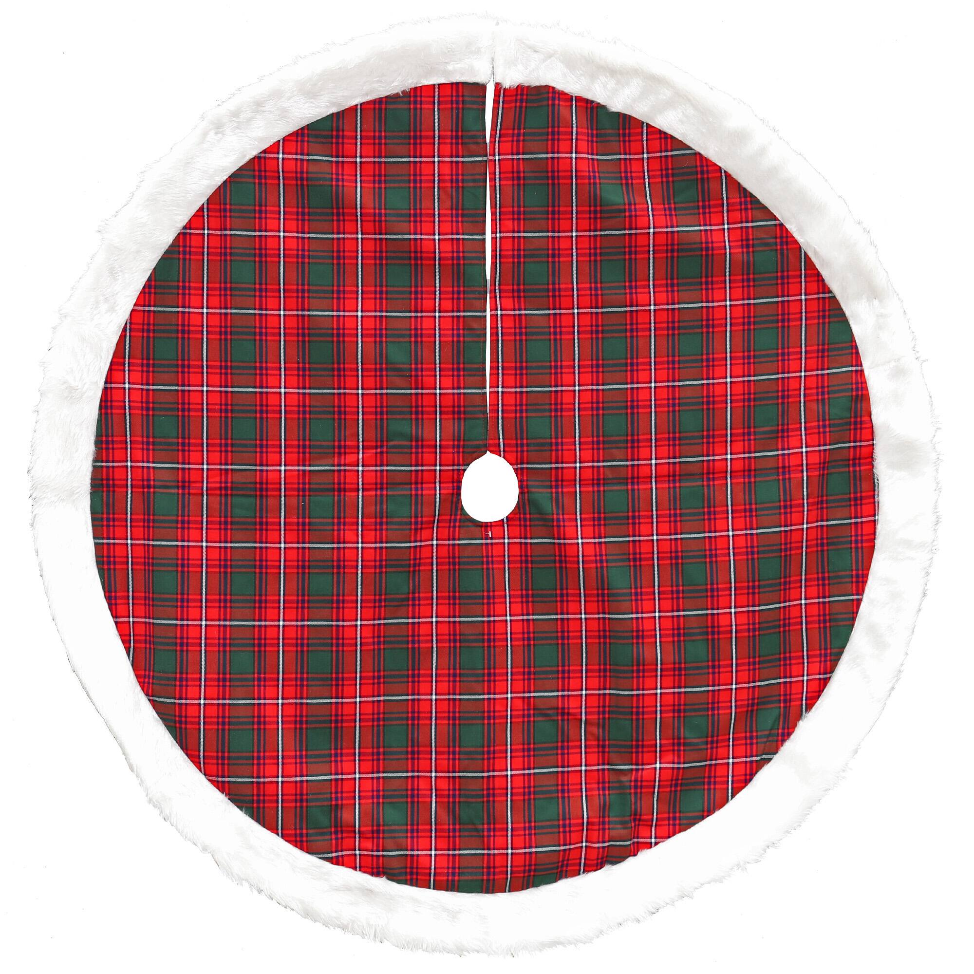 Front. Dyno - 48" Red and White Plaid Border Christmas Tree Skirt - Red.