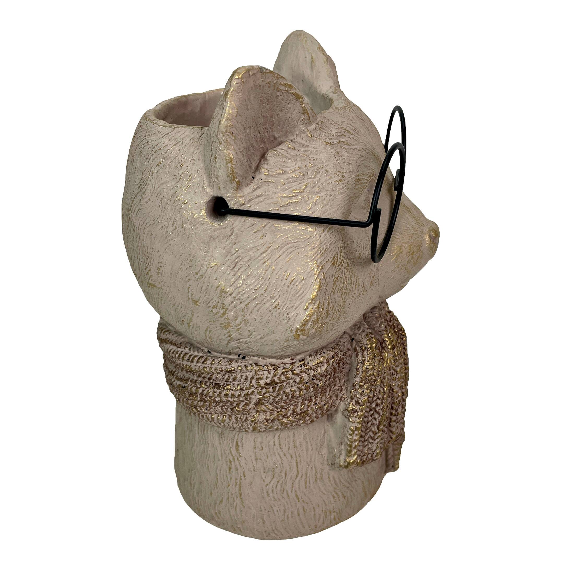 Alt View 8. Things2Die4 - Bespectacled Fox Cement Vase 8.25in – Cute Fox Planter, Animal Flower Pot, Gift - Taupe.