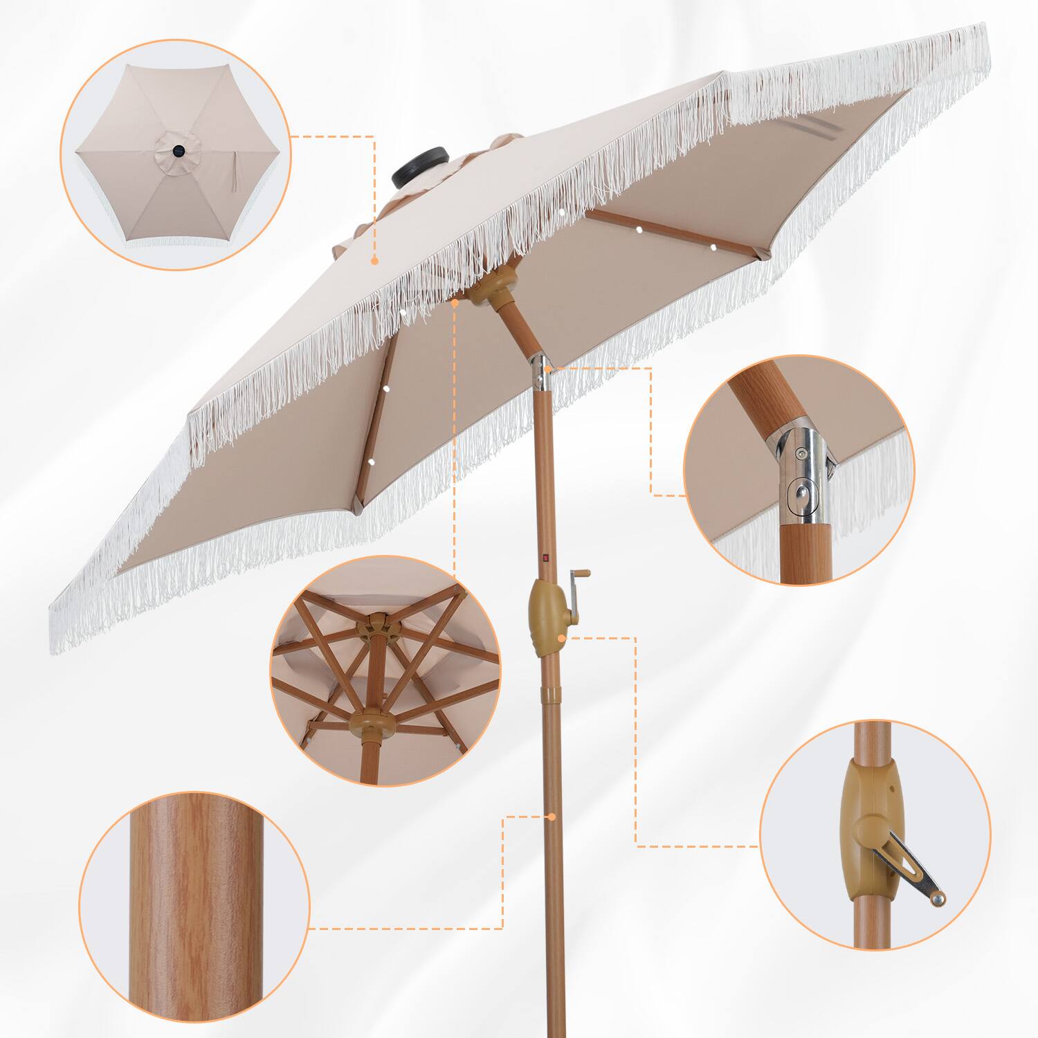 Back. Ainfox - Ainfox 7.5 FT Patio Umbrella with Fringe,Outdoor Tassel Beach Umbrella,Tilt Adjustment with 18 LED Lights & Base - Khaki.
