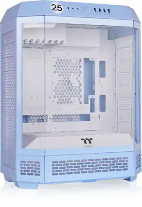 The text on the image reads "25 MAORO TMS 1 a R - USS thermaltake." This text is likely a description or information about the blue computer case.