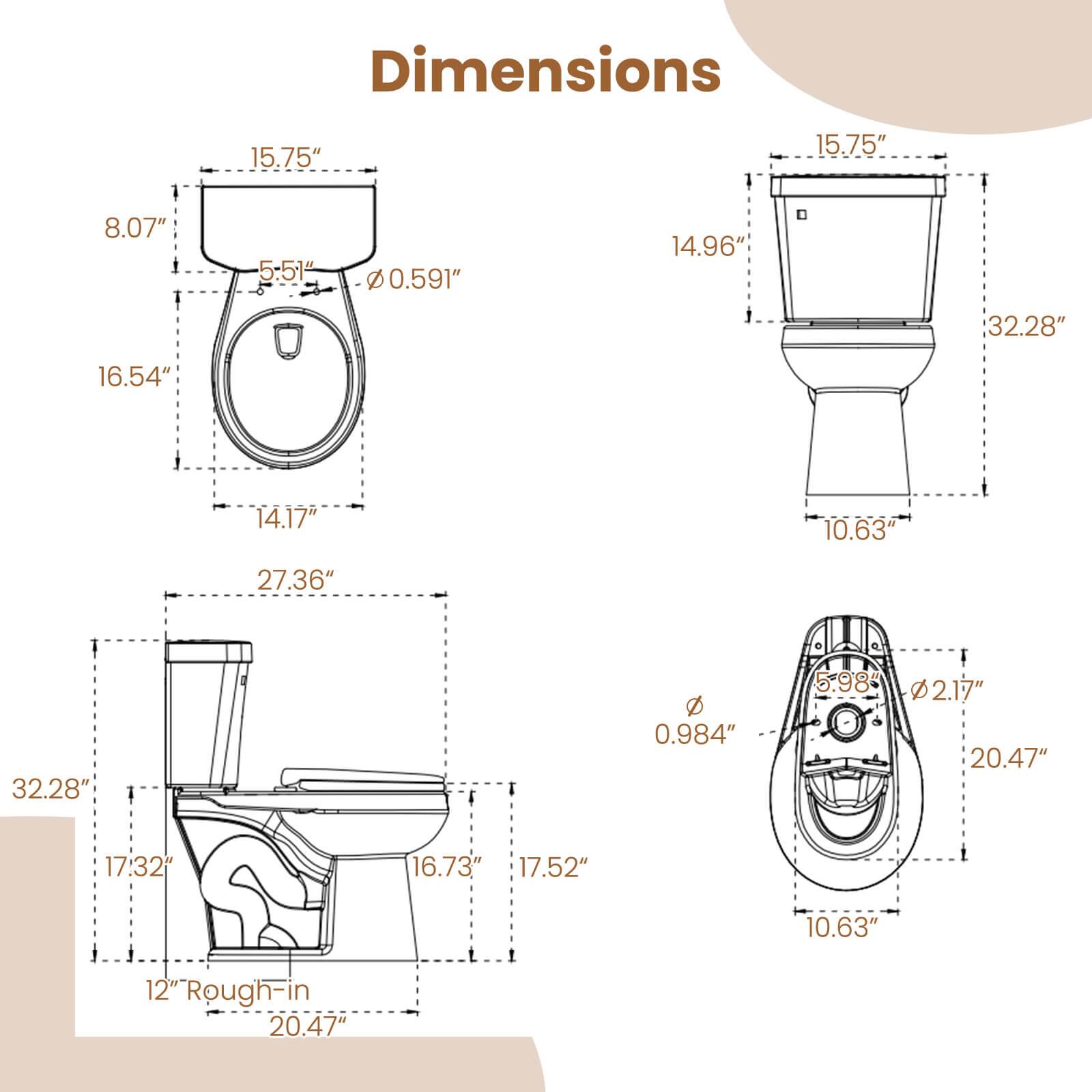 Dimensions

- 15.75"
- 15.75"
- 8.07"
- 5:51" - 0.591"
- 16.54"
- 14.17"
- 10.63"
- 27.36"
- 32.28"
- 14.96"
- 32.28"
- 0.984"
- 5.98"
- 2.17"
- 20.47"
- 17.32"
- 16.73"
- 17.52"
- 10.63"
- 12" Rough-in
- 20.47"