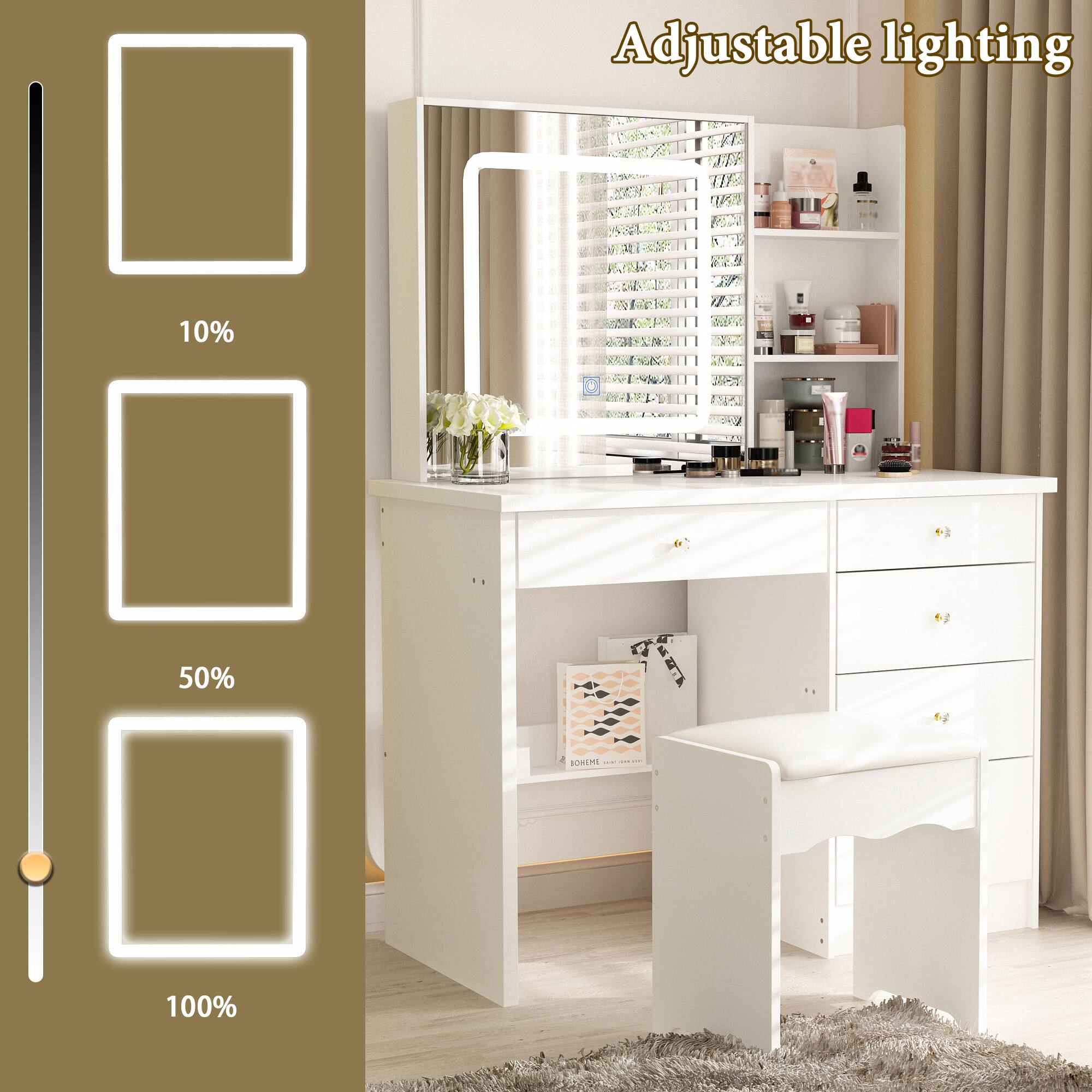 Adjustable lighting: 10%, 50%, 100%