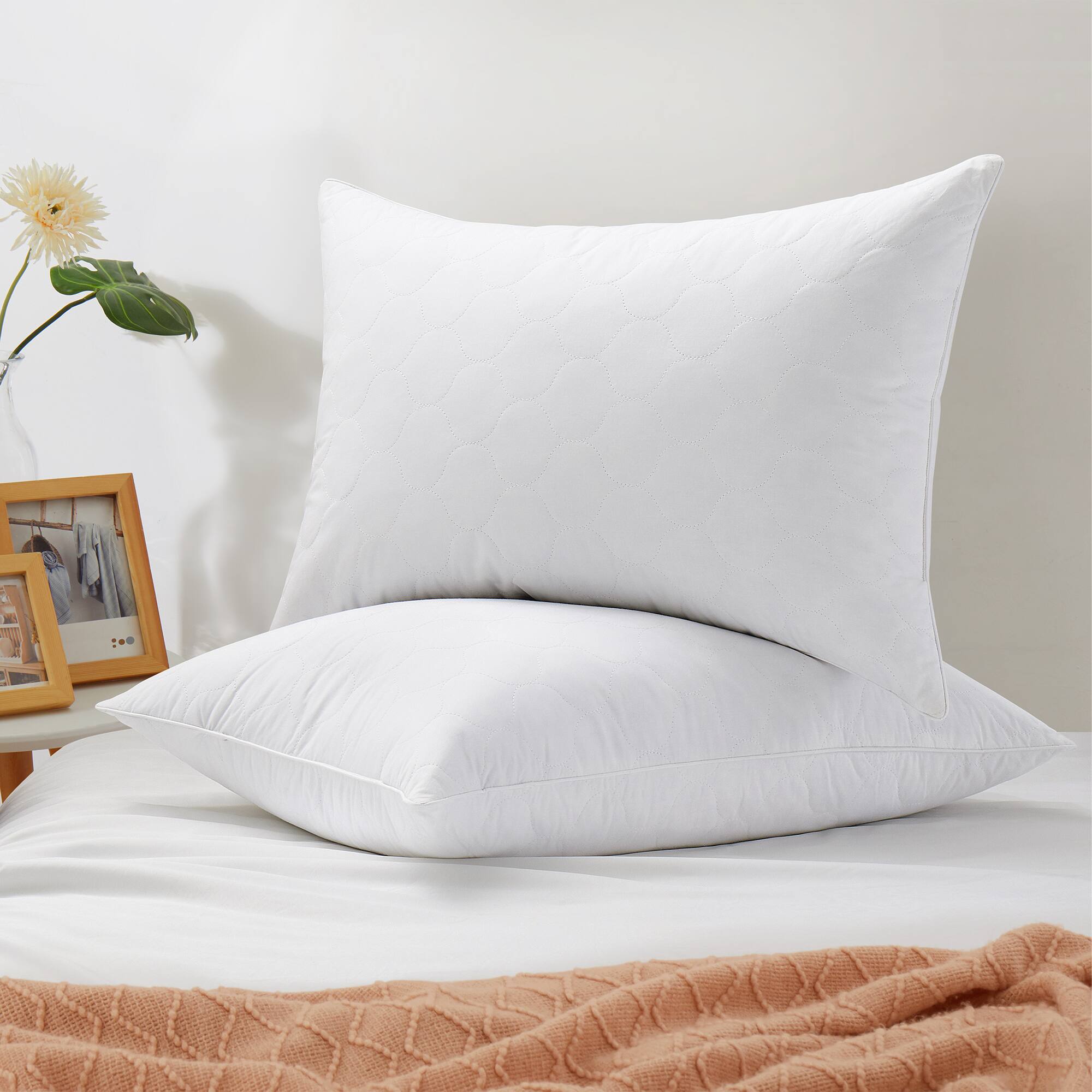 Angle. Peace Nest - Peace Nest Medium Firm Goose Feather Down Pillow with Quilted Cotton Cover Set of 2 - White.