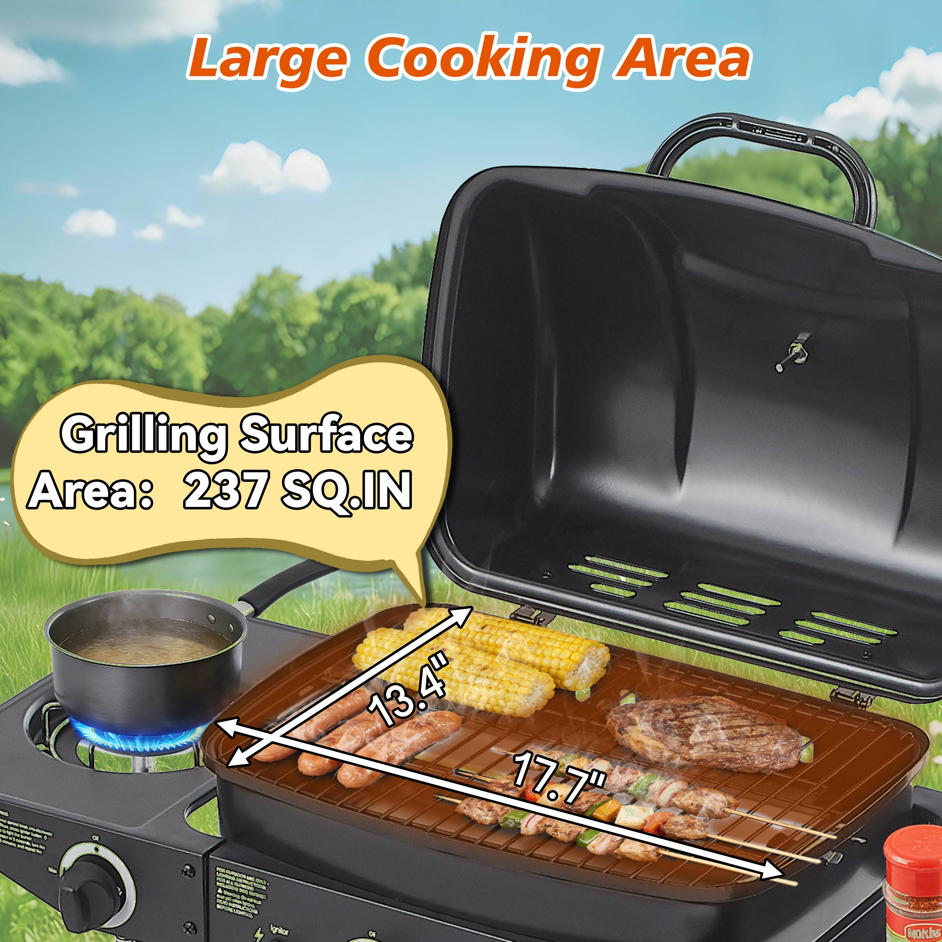 Large Cooking Area  
Grilling Surface Area: 237 SQ.IN  
13.4" x 17.7"  
Ignitor