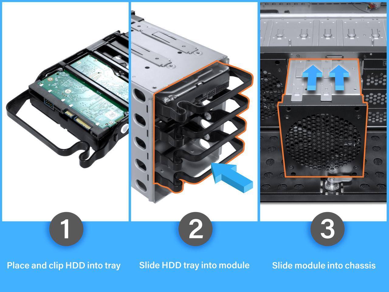 1. Place and clip HDD into tray
2. Slide HDD tray into module
3. Slide module into chassis