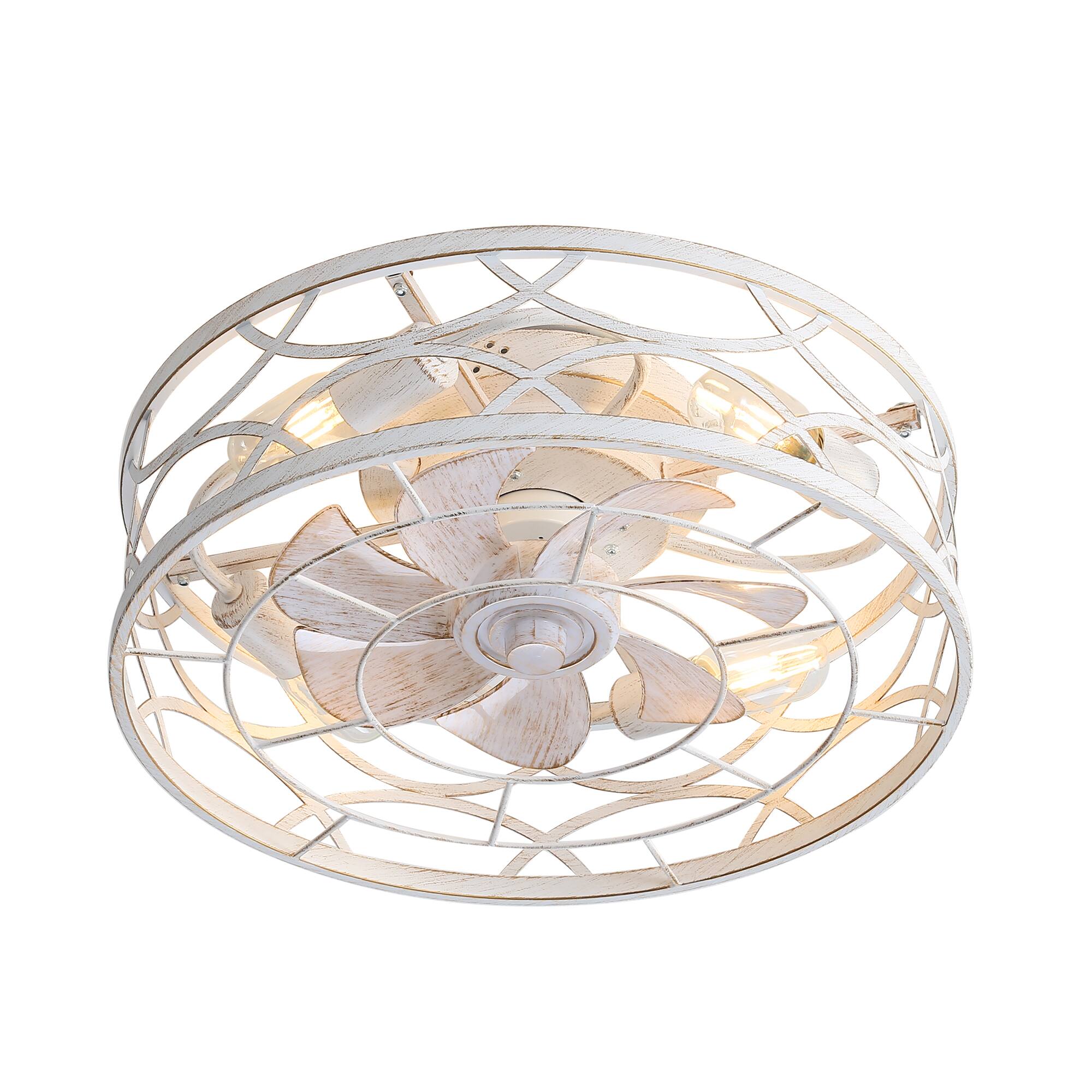 Left. Breezary - 18-Inch Flush Mount Caged Ceiling Fan with 7 ABS Blades, DC Motor, 6-Speed Remote Control, Memory Function - Distressed White and Gold.