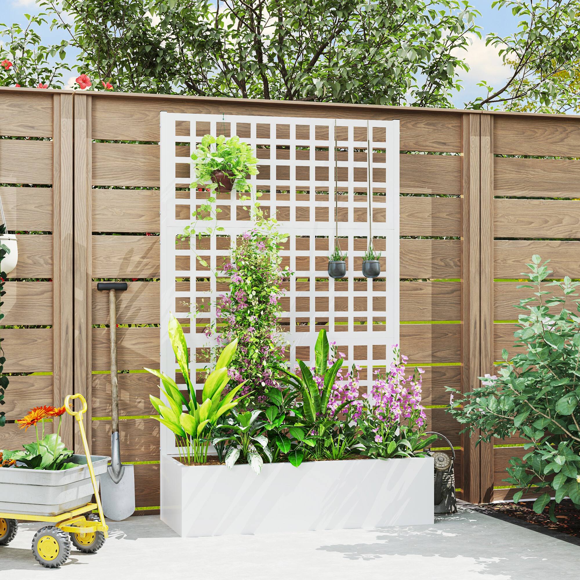 Alt View 1. Outsunny - Raised Garden Bed Planter Box with Trellis for Climbing Plants, Vegetable, Vines - White.