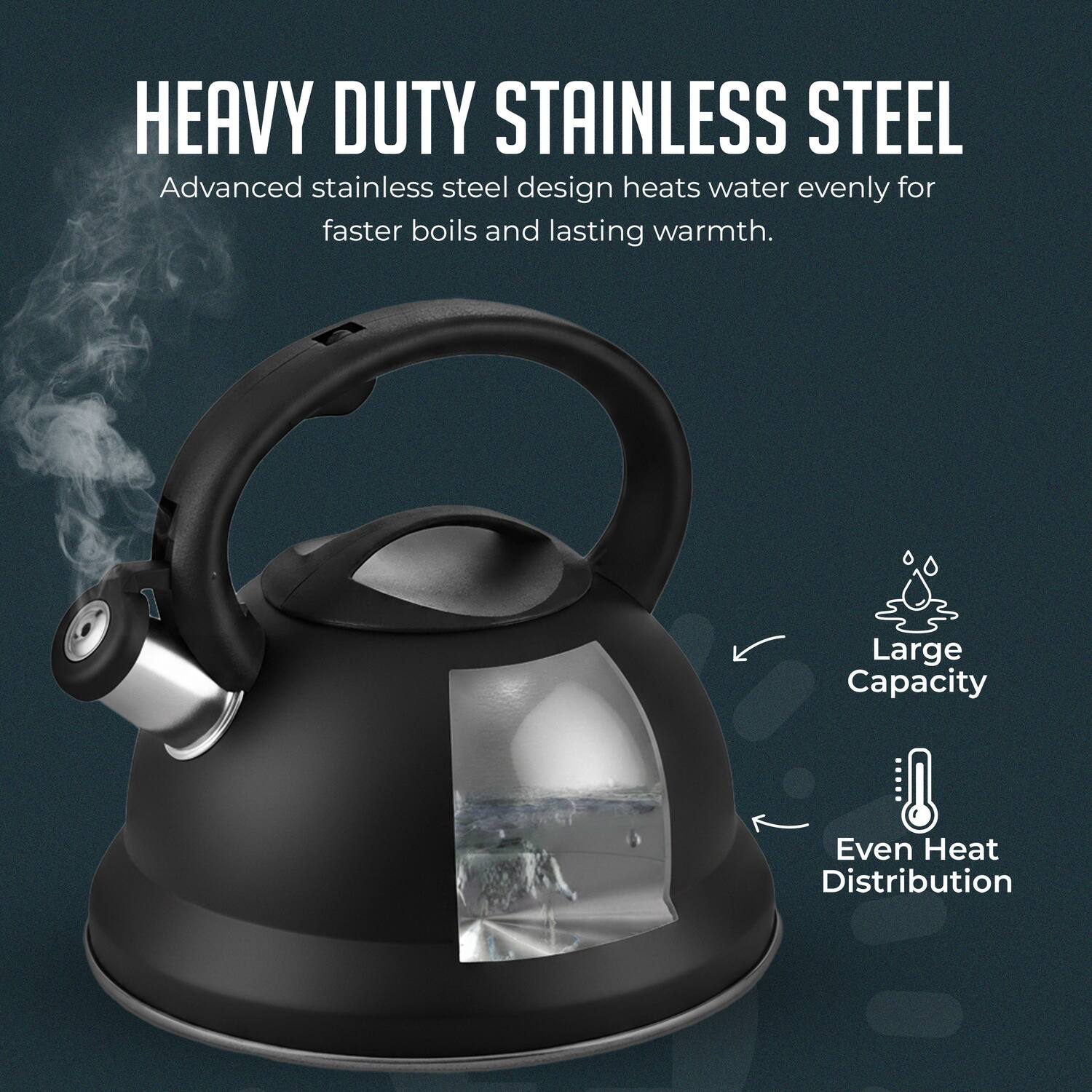 HEAVY DUTY STAINLESS STEEL  
Advanced stainless steel design heats water evenly for faster boils and lasting warmth.  
Large Capacity  
Even Heat Distribution