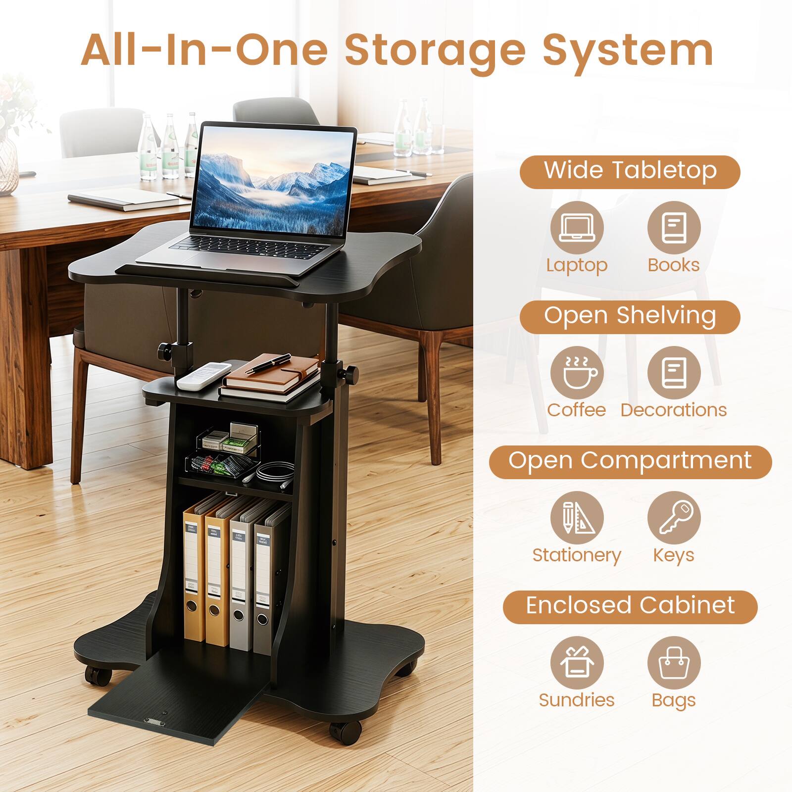 All-In-One Storage System  
Wide Tabletop  
Laptop  
Books  
Open Shelving  
Coffee  
Decorations  
Open Compartment  
Stationery  
Keys  
Enclosed Cabinet  
Sundries  
Bags