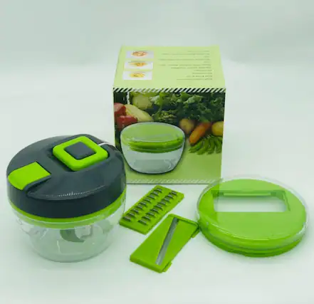 Front. PARKER SLATER - 3-in-1 Manual Food Processor: 2-cup, Gray, Hand Pull String Cutter, Slicer - Gray.