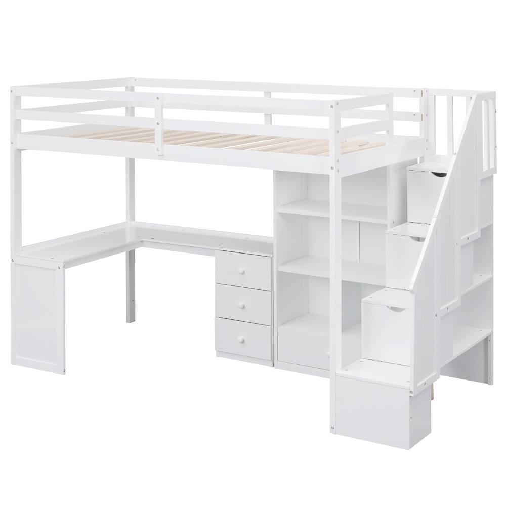 Alt View 4. Loheer - Loheer Twin Loft Bed with Desk, White Loft Bed with Storage Stairs - White.