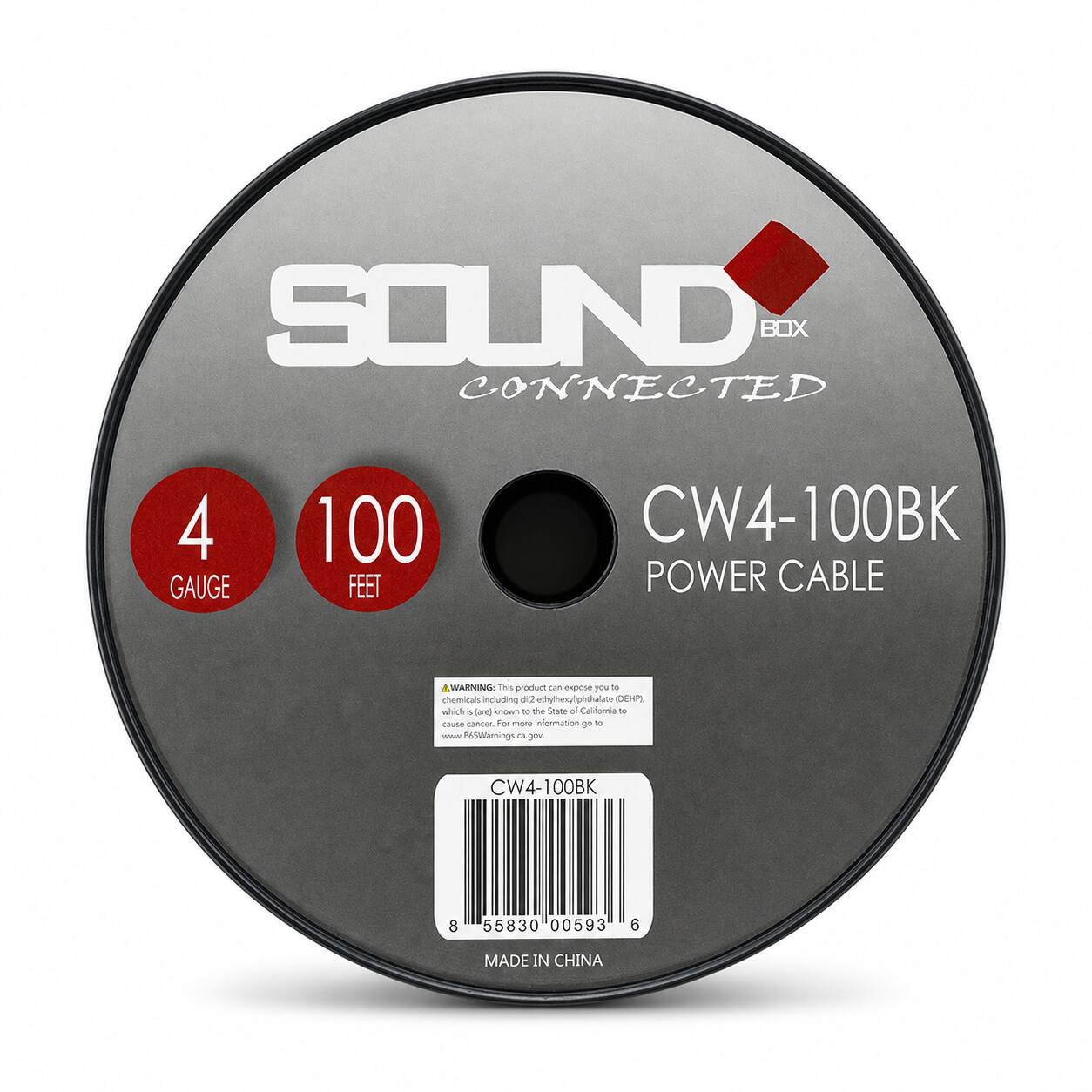 SOUND BOX CONNECTED  
4 GAUGE  
100 FEET  
CW4-100BK POWER CABLE  
WARNING: This product can expose you to chemicals including di(2-ethylhexyl)phthalate (DEHP), which is (are) known to the State of California to cause cancer. For more information go to www.P65Warnings.ca.gov.  
CW4-100BK  
8 55830 00593 6  
MADE IN CHINA
