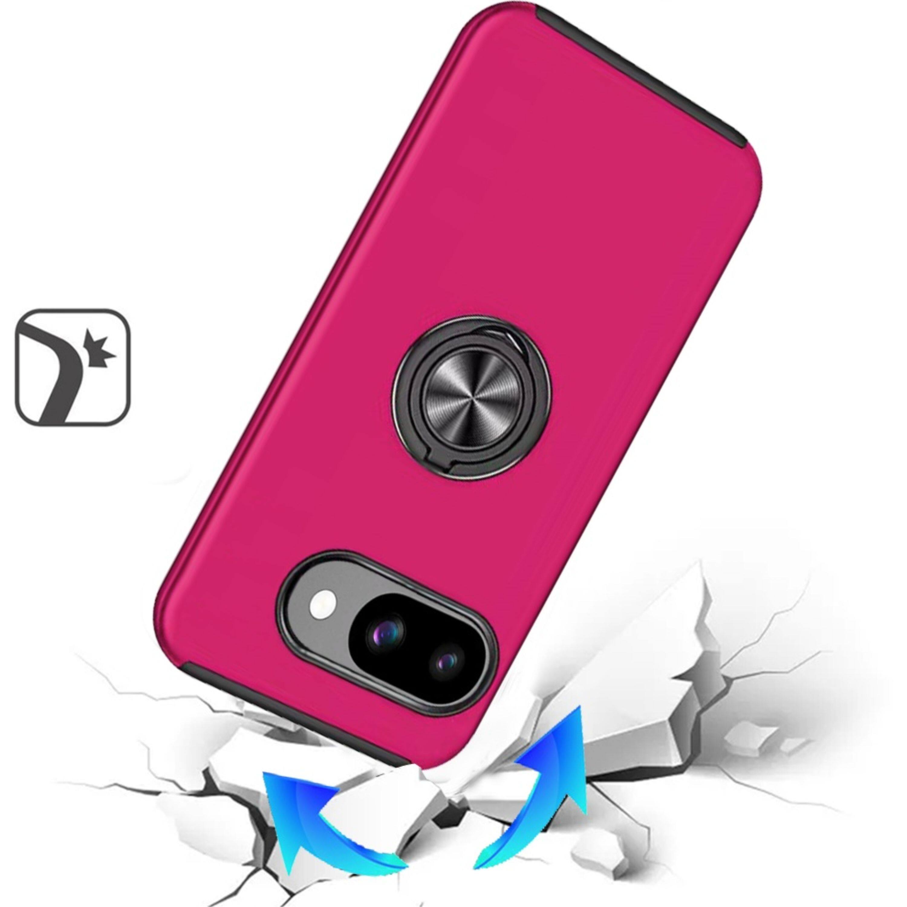 Angle. Kitcheniva - Rubber Dual-Layer Magnetic Ring Stand Case With Tempered Glass For Google Pixel 9a Hot Pink - Hot Pink.