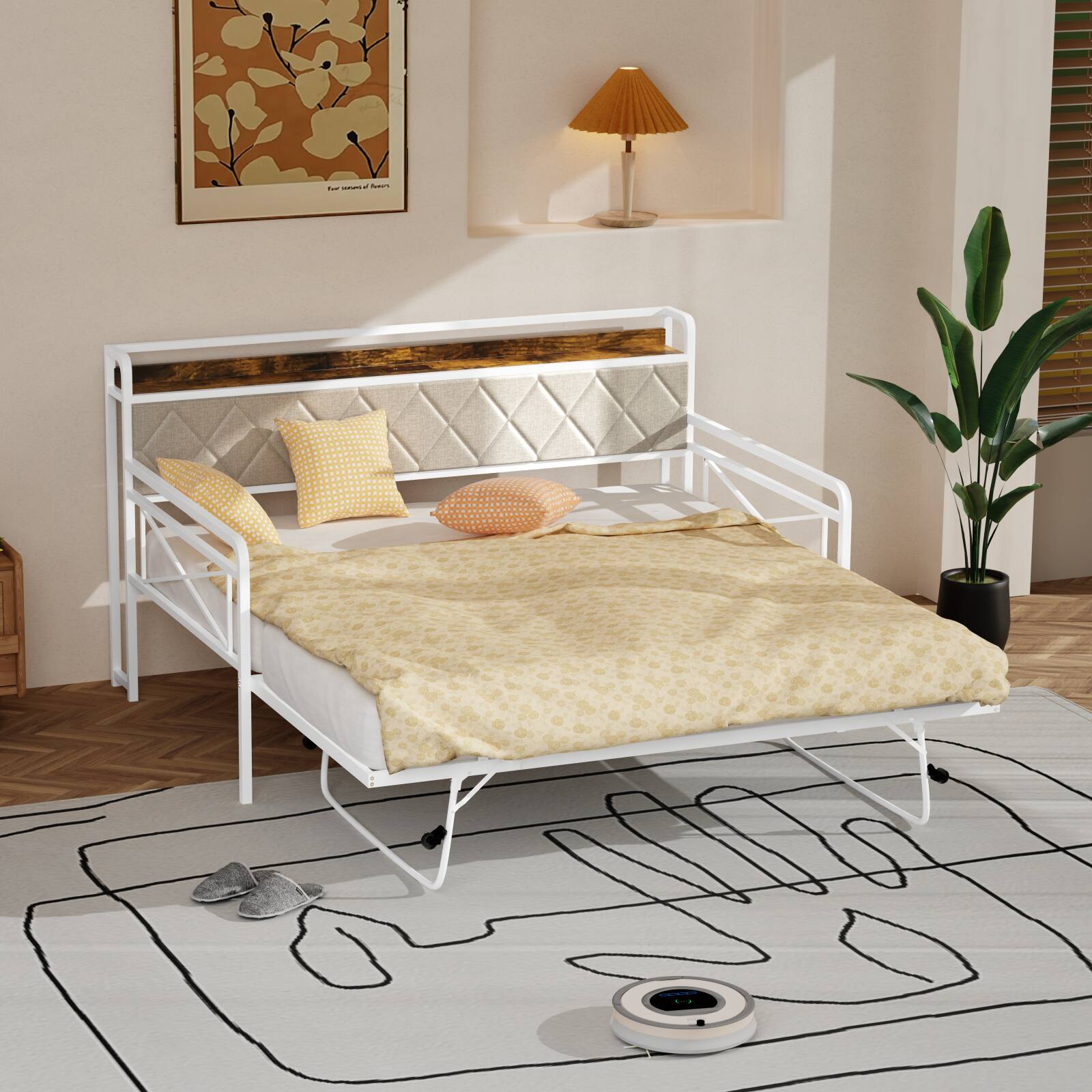 Alt View 5. Winado - Twin Daybed with Trundle Bed Sofa DayBed with LED Light & Charing Station Upholstered Bed Frame with Storage Headboard - White.