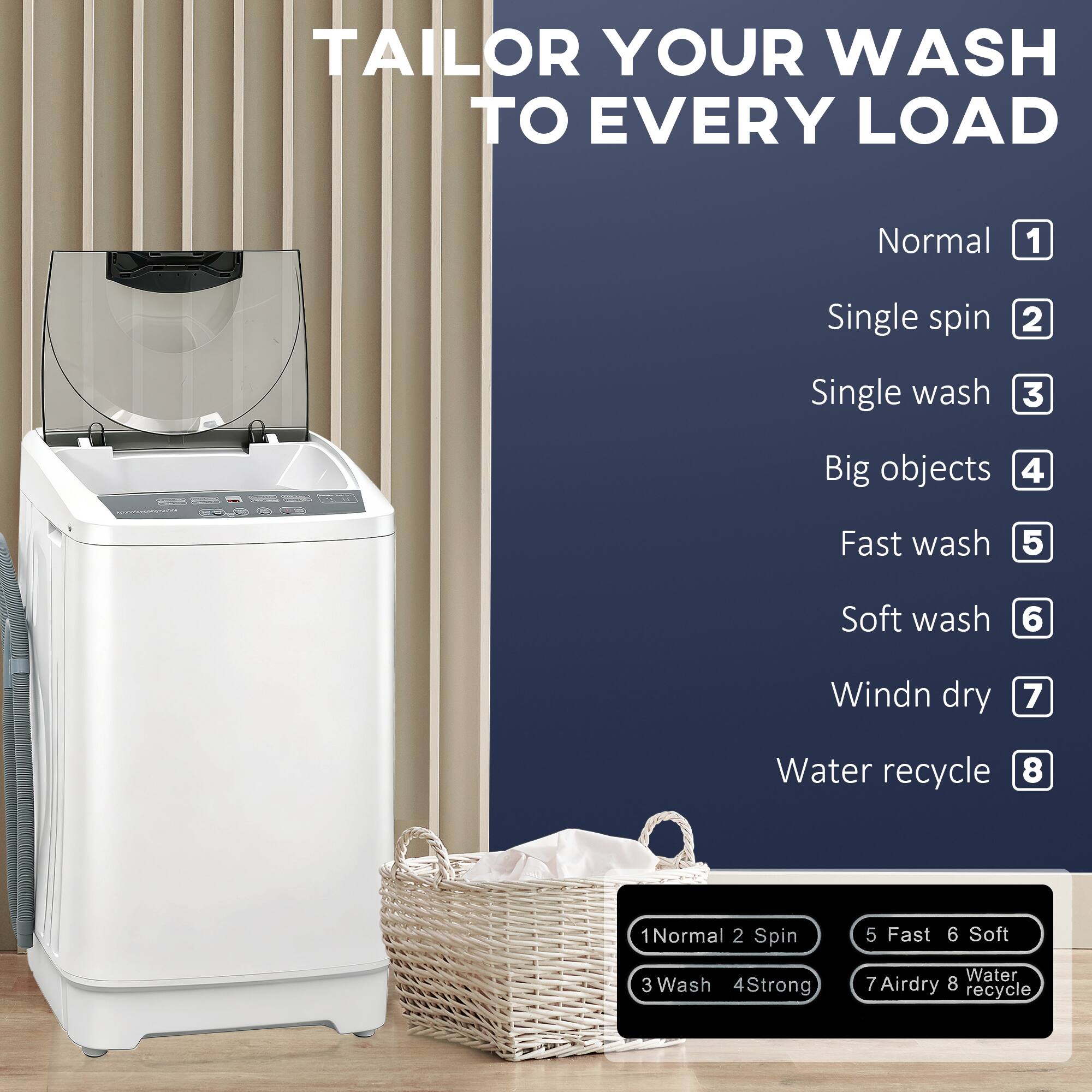 TAILOR YOUR WASH TO EVERY LOAD

1. Normal
2. Single spin
3. Single wash
4. Big objects
5. Fast wash
6. Soft wash
7. Windn dry
8. Water recycle

1. Normal 2. Spin
3. Wash 4. Strong
5. Fast 6. Soft
7. Airdry 8. Water recycle