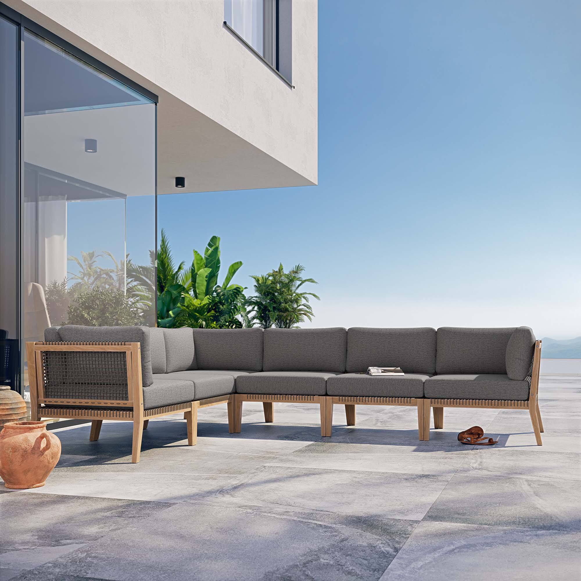 Alt View 6. Modway - Clearwater 6-Piece Outdoor Patio Teak Wood Sectional Sofa by Modway - Gray Graphite.