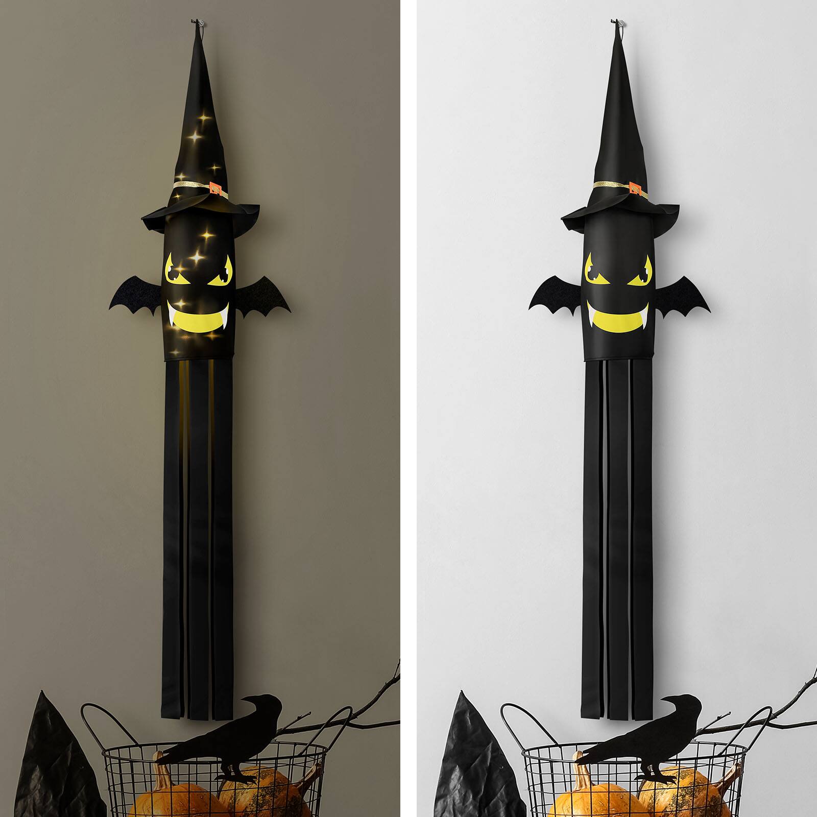 Back. Oumilen - 2-Pack 53 Inch Lighted Halloween Witch Windsock, Warm White LED Bat Face Hanging Flag for Porch Yard Outdoor Decor - Black.