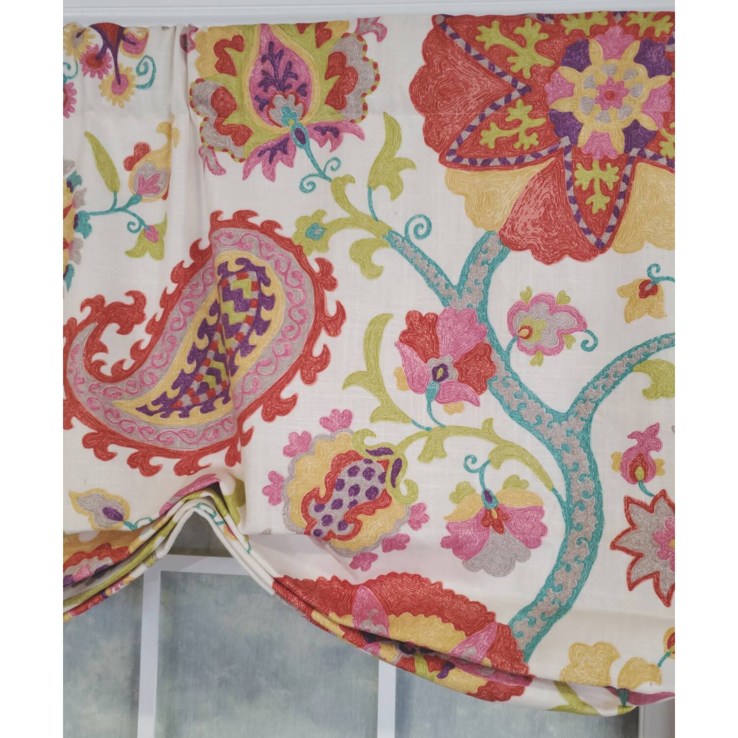 Left. RLF Home - RLF Home 3" Rod Pocket High Quality Fabric Jubilee Stationary Balloon Valance for Windows 50" x 23" Multi - Multi.