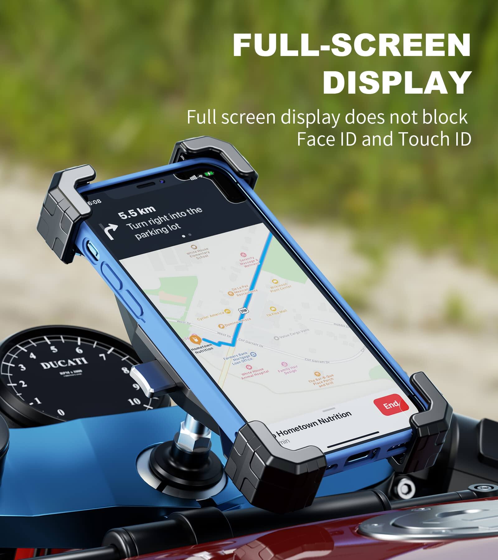 FULL-SCREEN DISPLAY  
Full screen display does not block Face ID and Touch ID  

5.5 km into the  
Turn right into the parking lot  

DUCATI  

Hometown Nutrition  

End