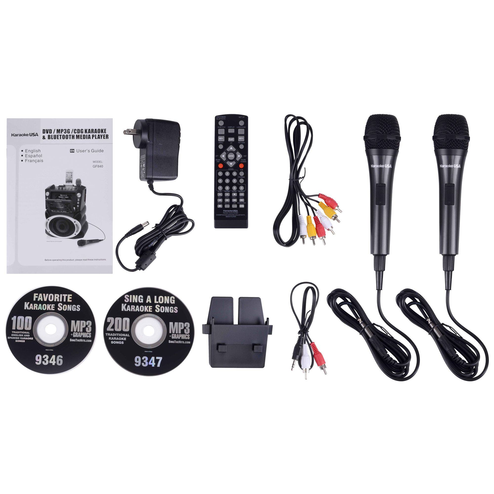 **Karaoke USA & Bluetooth Media Player**

- DVD/MP3G/CDG
- English
- Español
- Français

**User's Guide**
- Model: GF840

**FAVORITE KARAOKE SONGS**
- 100 MP3
- Traditional Graphics
- 9346

**SING A LONG KARAOKE SONGS**
- 200 MP3
- Traditional Graphics
- 9347

**SonicTecten.com**