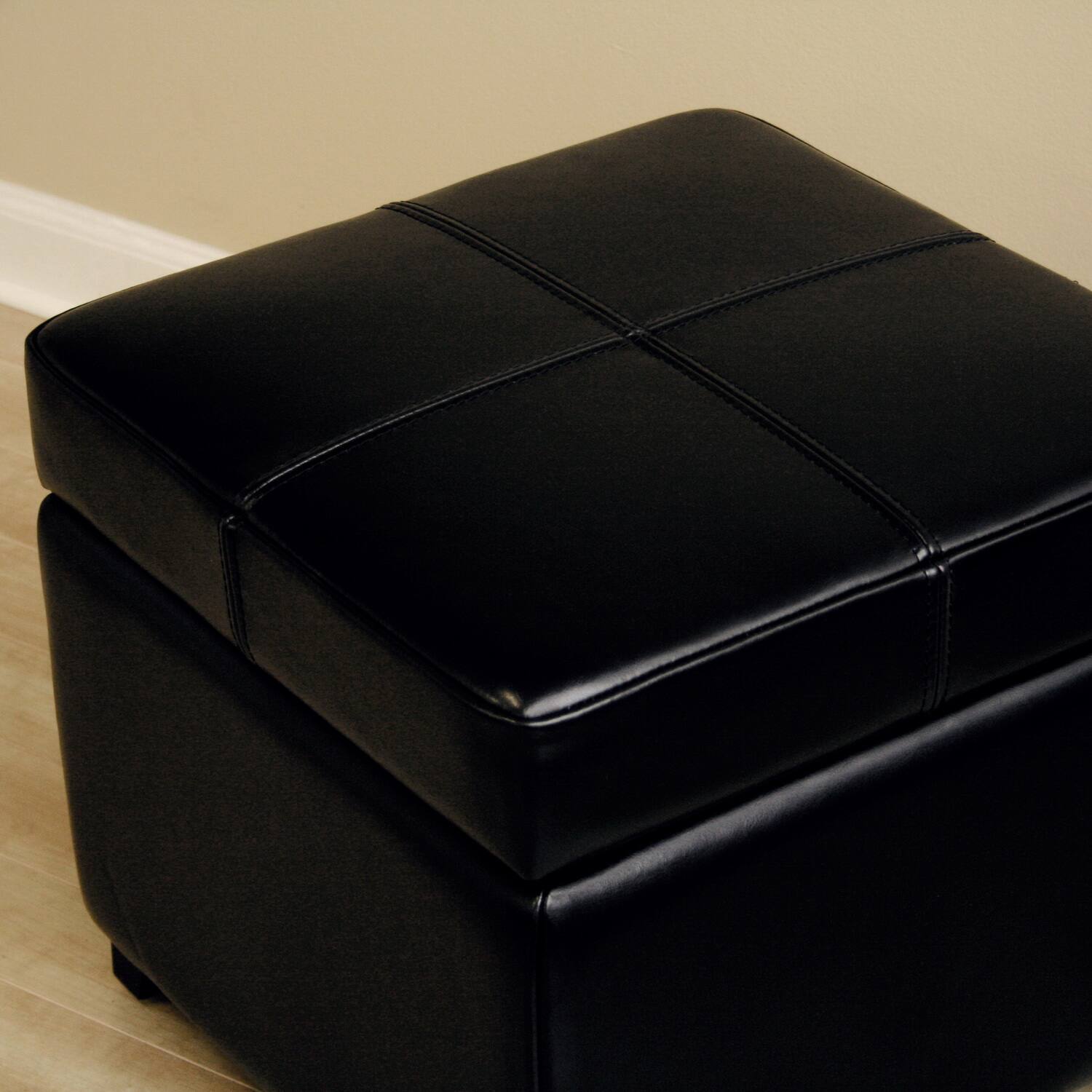 Angle. Baxton Studio - Full Leather Storage Cube Ottoman - Black.