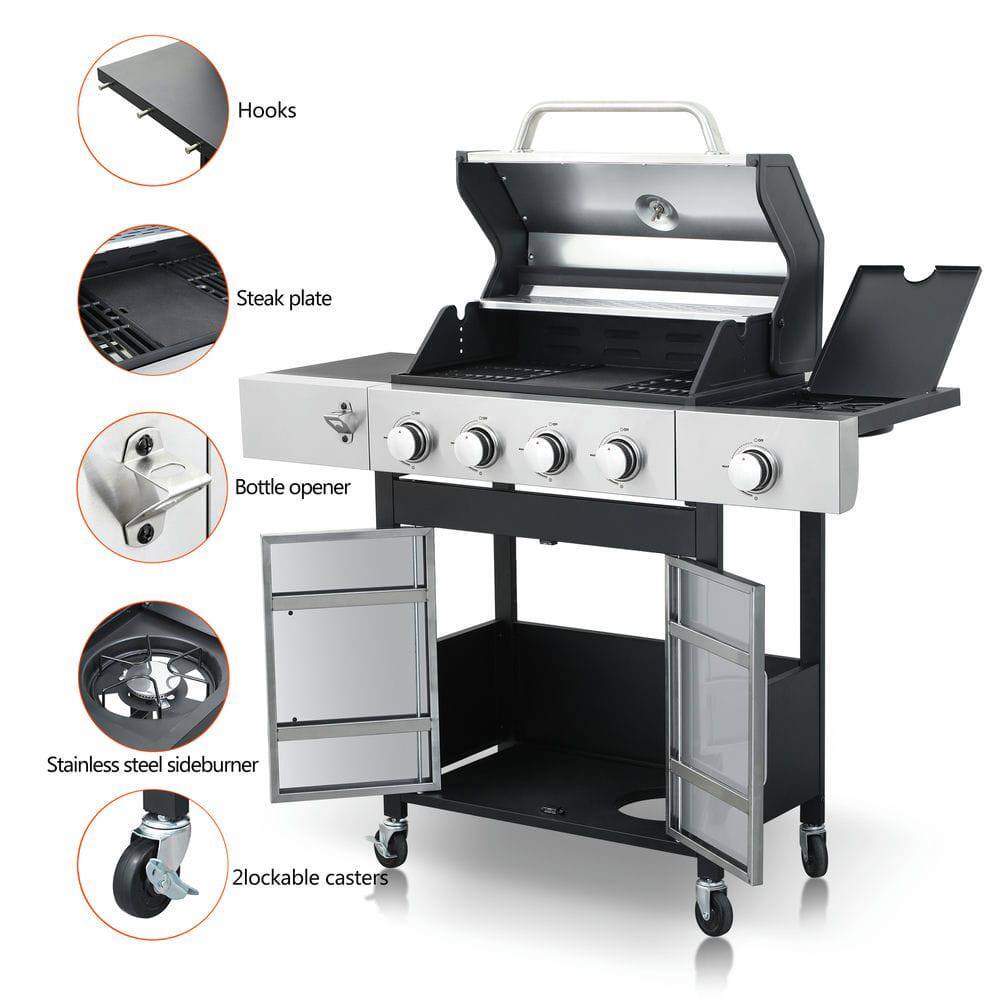 - Hooks
- Steak plate
- Bottle opener
- Stainless steel sideburner
- 2 lockable casters