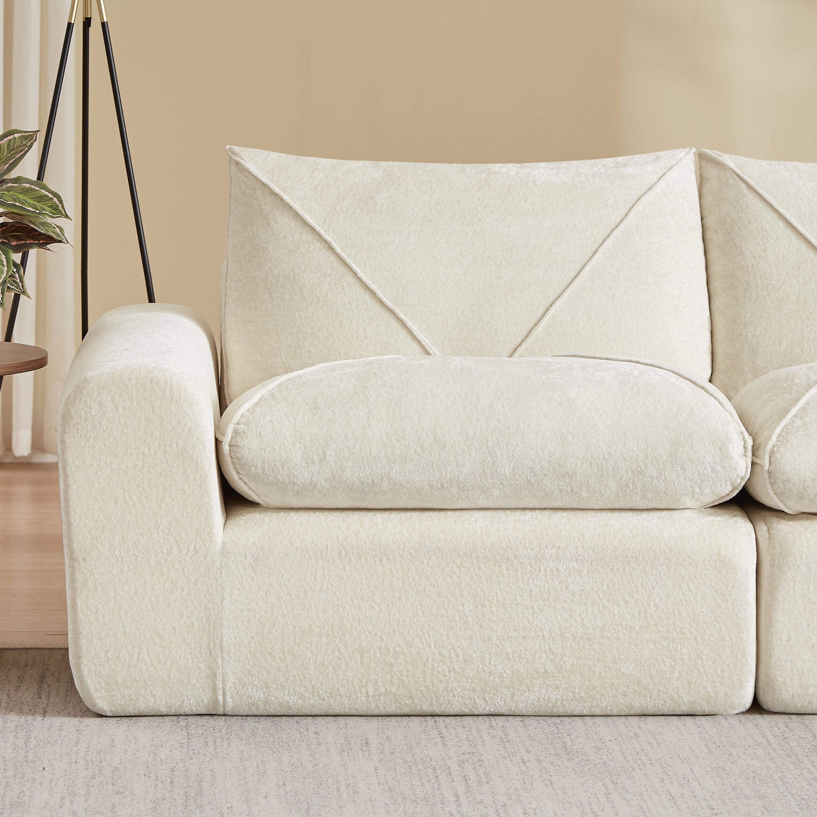Alt View 2. Loheer - Loheer 85 Inch Chenille Sectional Sofa Modern Modular Couch with Ottoman Minimalist Furniture - Beige.
