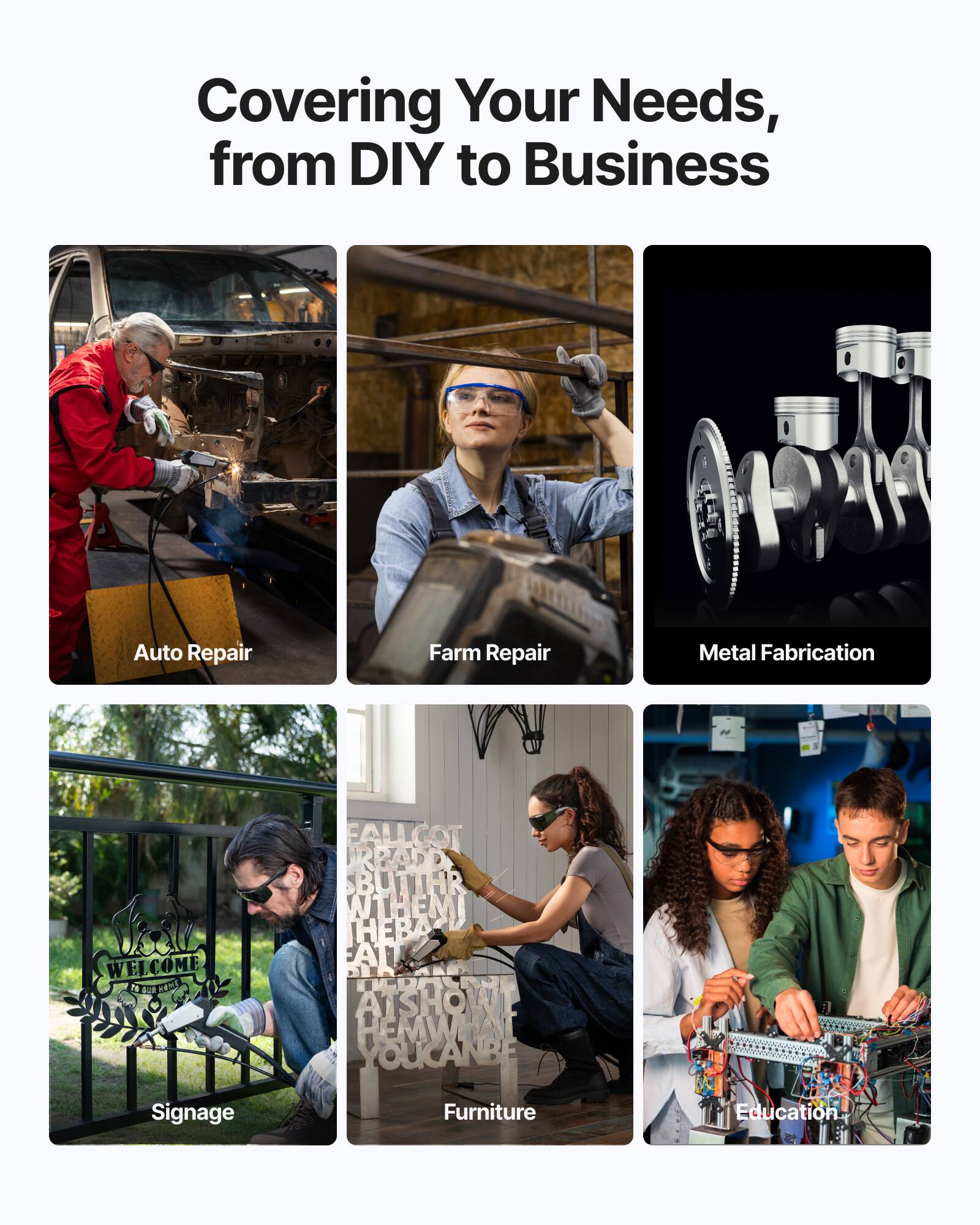 Covering Your Needs, from DIY to Business

Auto Repair
Farm Repair
Metal Fabrication
Signage
Furniture
Education