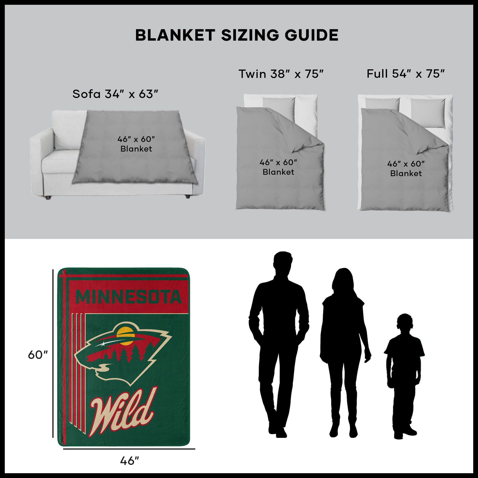 BLANKET SIZING GUIDE

Sofa 34" x 63"  
46" x 60" Blanket

Twin 38" x 75"  
46" x 60" Blanket

Full 54" x 75"  
46" x 60" Blanket

MINNESOTA Wild  
46" x 60"