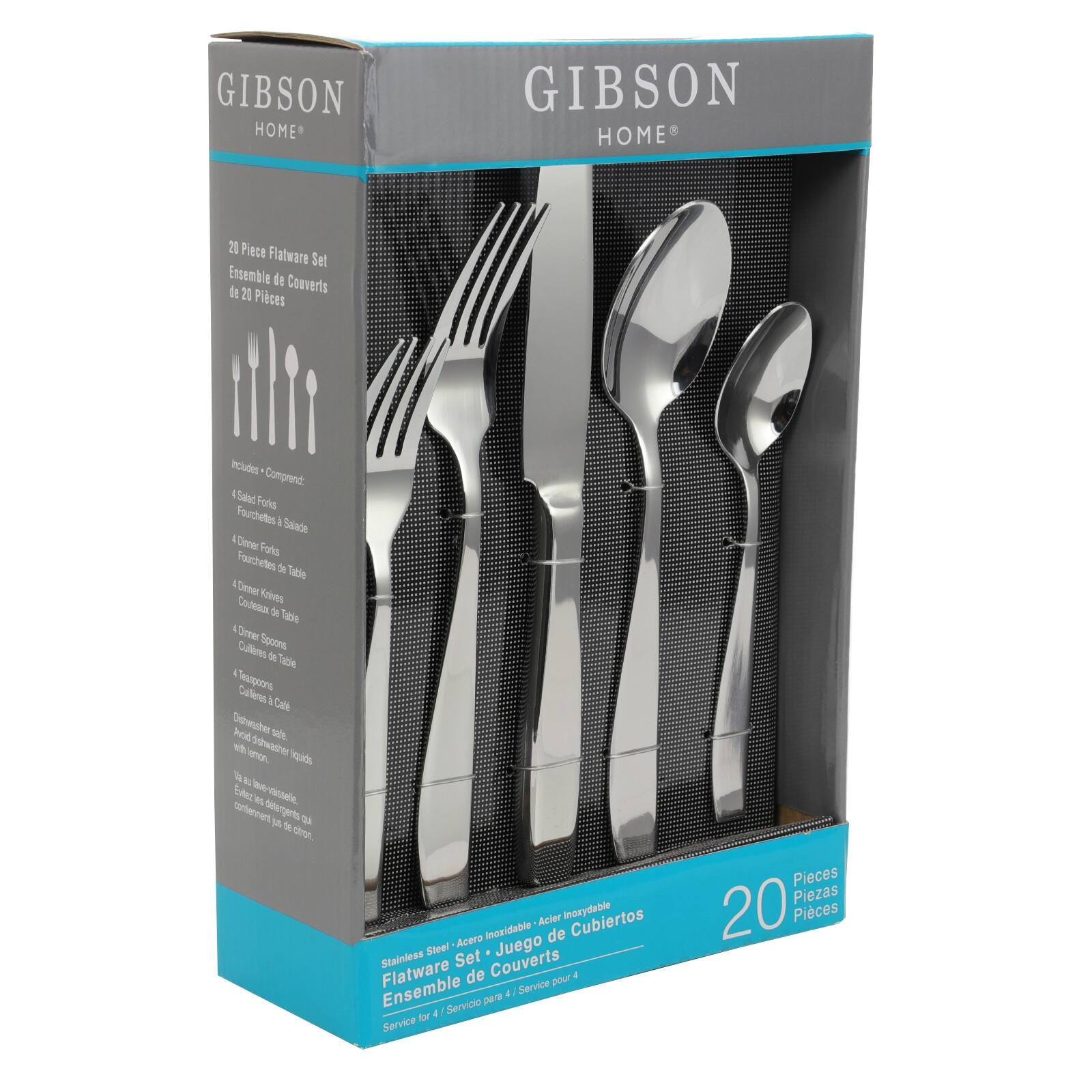 Gibson Home 21 Piece Flatware Set includes salad forks, spoons, and knives. The set is made of stainless steel and is dishwasher safe. It is a complete set for four people and comes with a 20-piece set. The flatware is made of stainless steel and is dishwasher safe. The set includes salad forks, spoons, and knives, making it a complete set for four people.