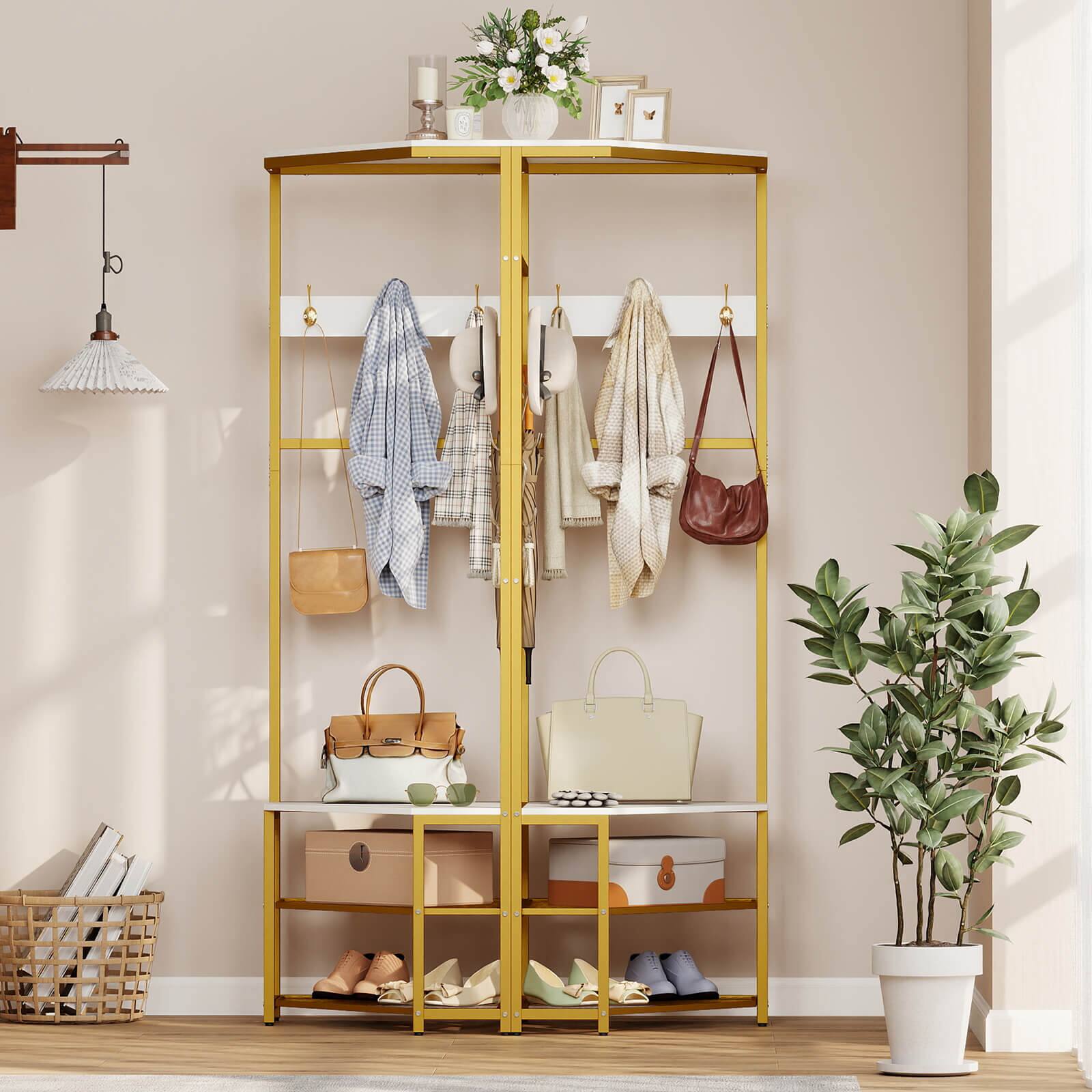 Alt View 3. Costway - Costway Corner Hall Tree, Freestanding Coat Rack with Storage Shelves & Removable Hooks - Gold + White.