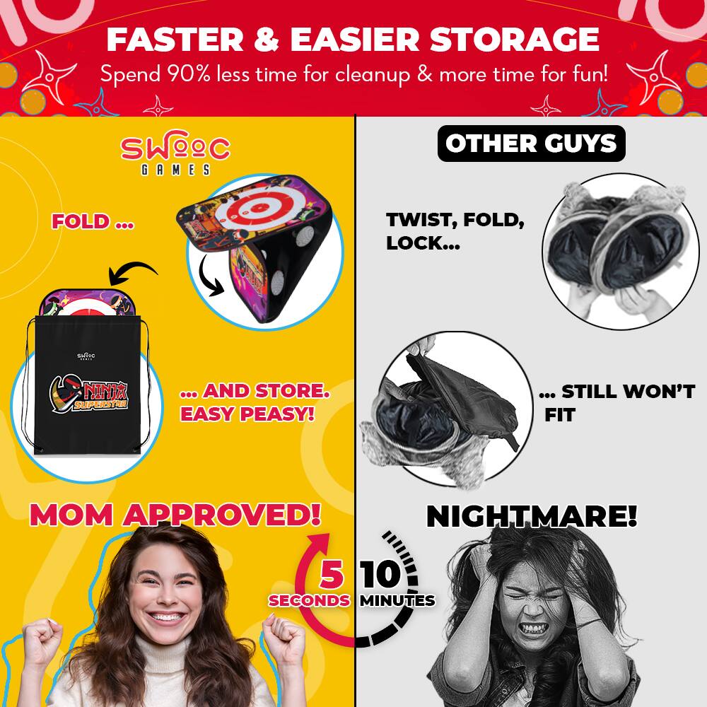 FASTER & EASIER STORAGE  
Spend 90% less time for cleanup & more time for fun!

SWOEC GAMES

FOLD ...  
... AND STORE. EASY PEASY!  
MOM APPROVED!  
5 SECONDS

OTHER GUYS  
TWIST, FOLD, LOCK...  
... STILL WON'T FIT  
NIGHTMARE!  
10 MINUTES