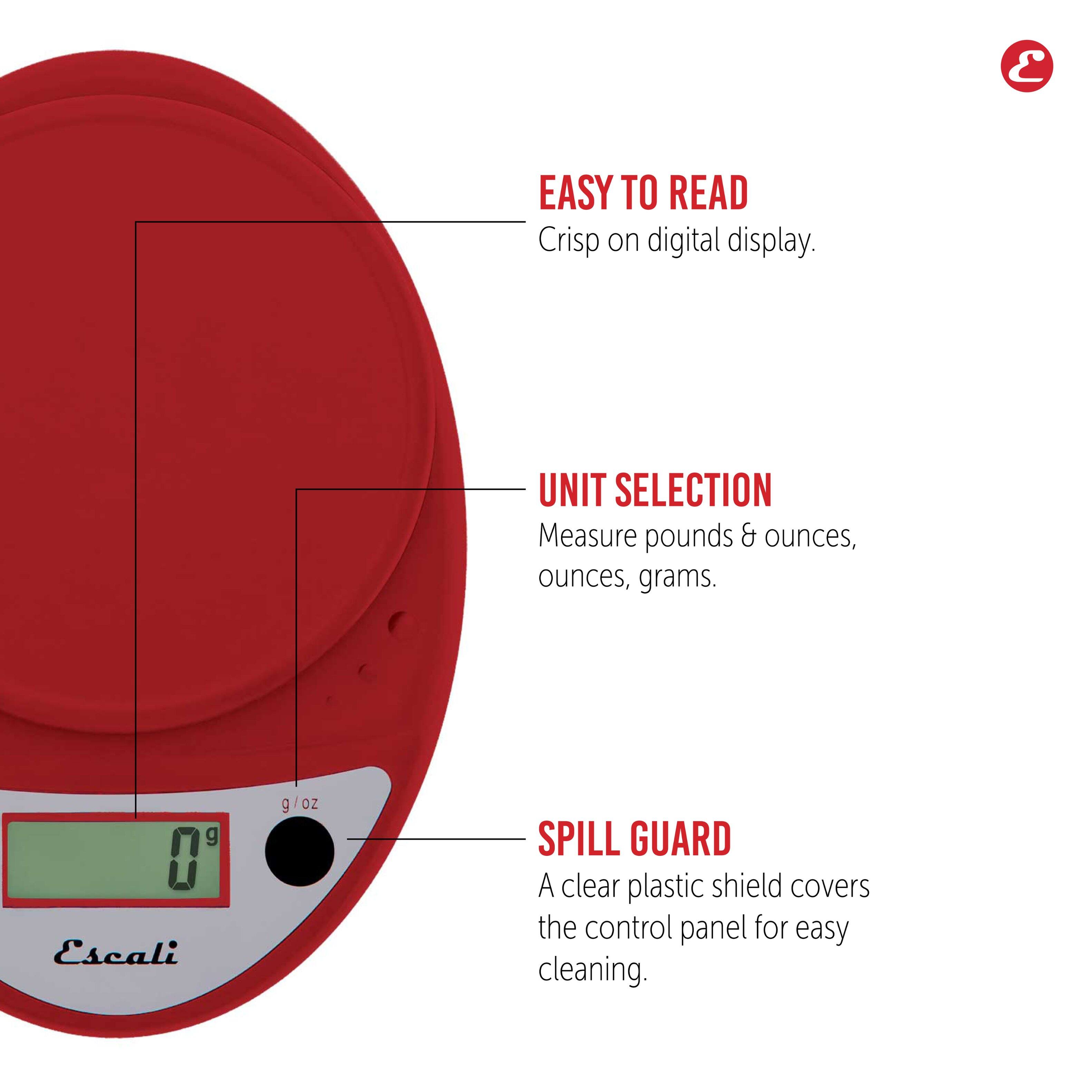 EASY TO READ Crisp on digital display.
UNIT SELECTION Measure pounds & ounces, ounces, grams.
SPILL GUARD A clear plastic shield covers the control panel for easy cleaning.