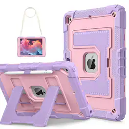 Dteck - Case for iPad 9th/ 8th / 7th Gen 10.2", Heavy Duty Shockproof with Kickstand, Pencil Holder, Shoulder Strap - Purple+Pink