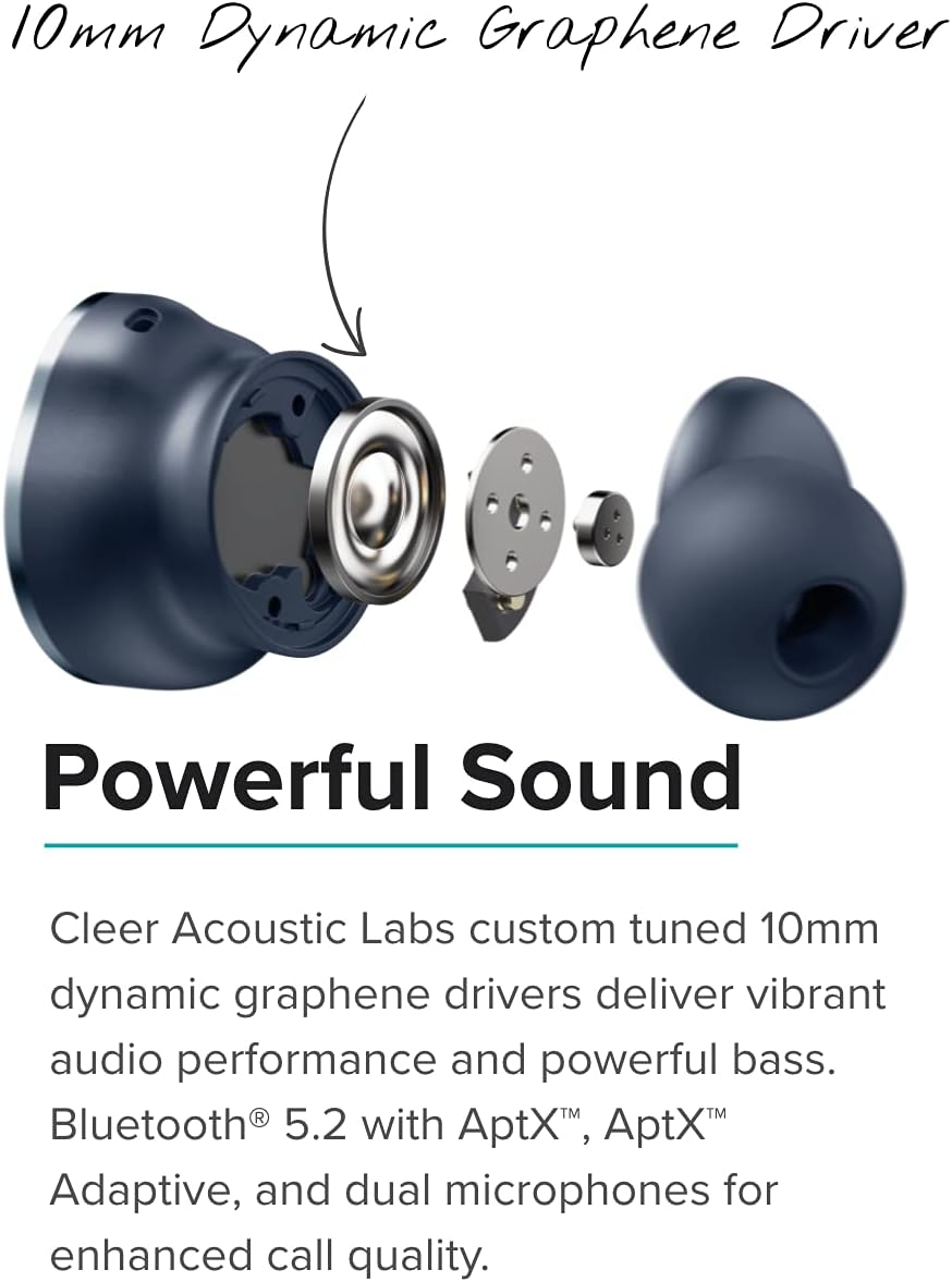 10mm Dynamic Graphene Driver

Powerful Sound

Cleer Acoustic Labs custom tuned 10mm dynamic graphene drivers deliver vibrant audio performance and powerful bass. Bluetooth® 5.2 with AptX™, AptX™ Adaptive, and dual microphones for enhanced call quality.