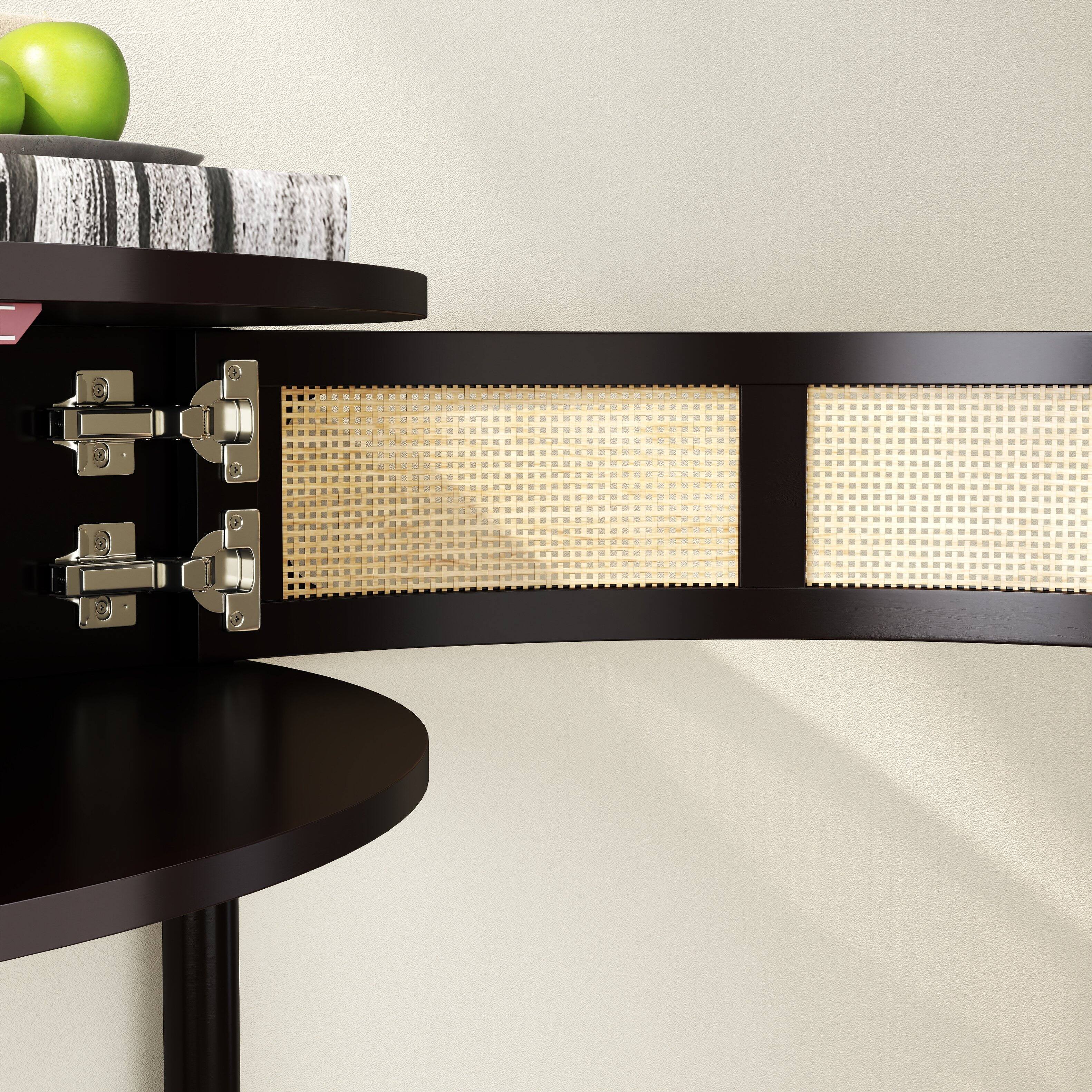 Alt View 6. Tiramisubest - Boho Rattan Semi Circle End Table with Sliding Door,Elegant Black Wood Accent Table with Storage and Bottom Shelf - Black.