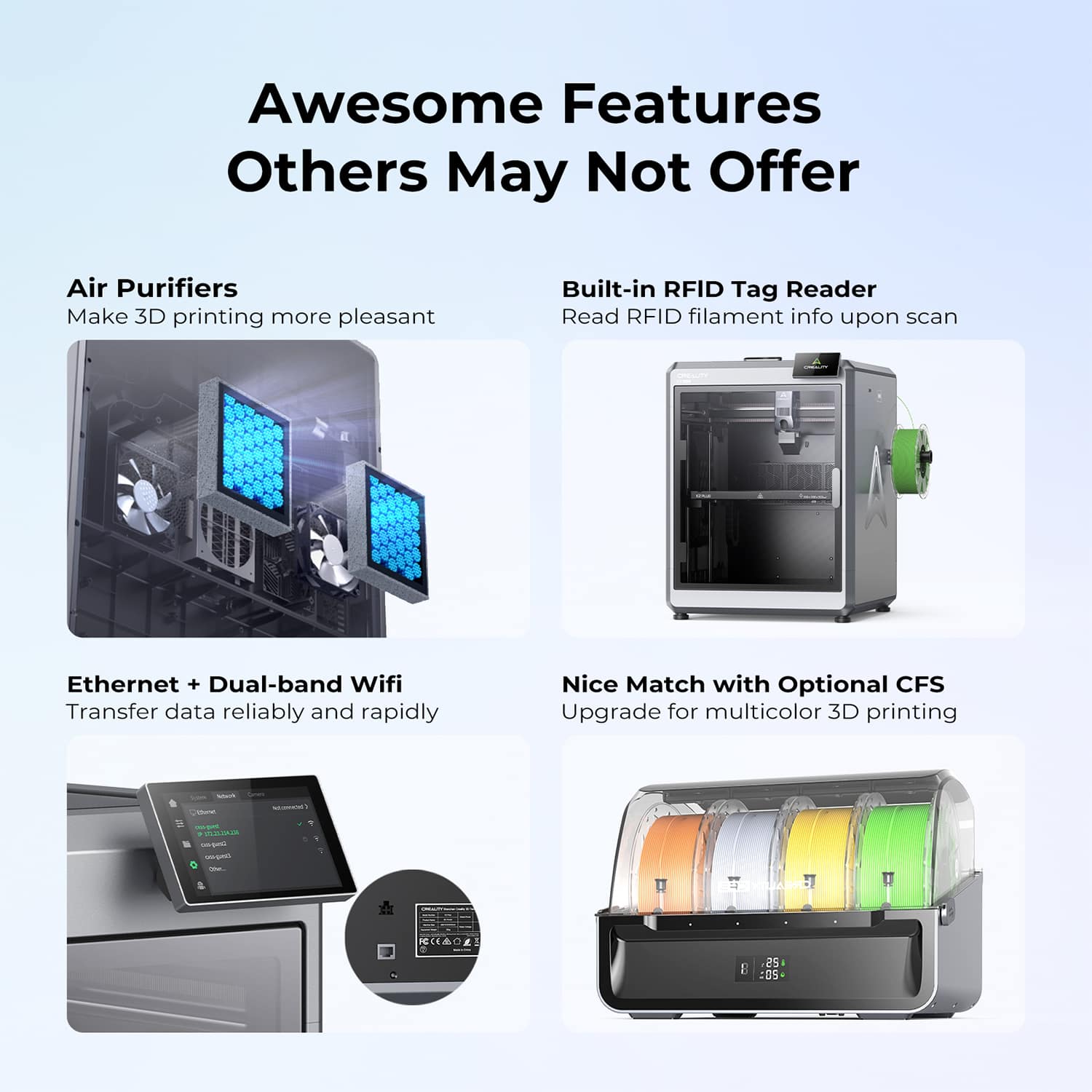 Awesome Features Others May Not Offer:
1. Air Purifiers: Make 3D printing more pleasant by providing clean air.
2. Built-in RFID Tag Reader: Read RFID filament info upon scan for a seamless experience.
3. Ethernet + Dual-band Wifi: Transfer data reliably and rapidly for efficient printing.
4. Nice Match with Optional CFS Upgrade for multicolor 3D printing.
The text on the image is grouped and corrected to provide a clear and concise description of the awesome features offered by the product.