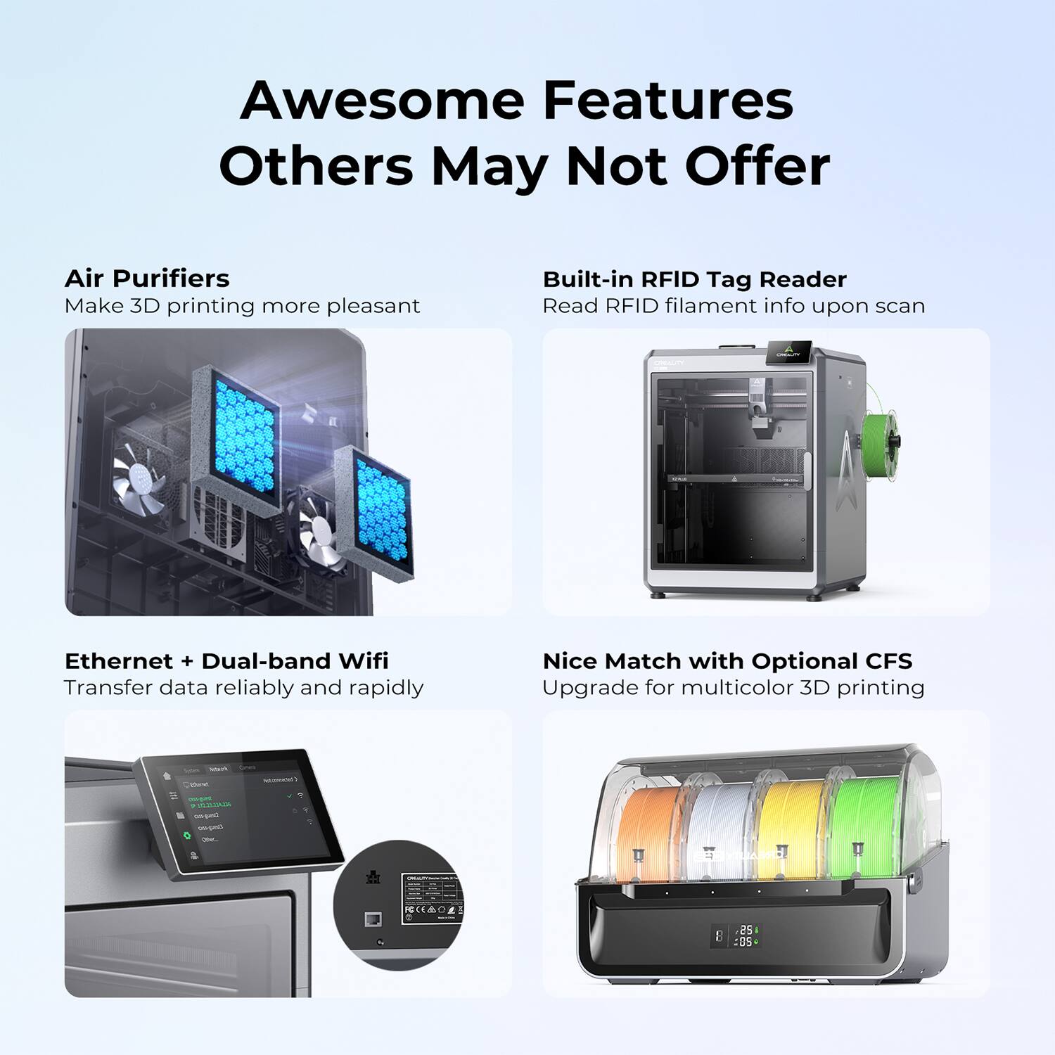 Awesome Features Others May Not Offer:

1. Air Purifiers: Make 3D printing more pleasant by providing clean air.
2. Built-in RFID Tag Reader: Read RFID filament info upon scan for a seamless experience.
3. Ethernet + Dual-band Wifi: Transfer data reliably and rapidly for efficient printing.
4. Nice Match with Optional CFS Upgrade for multicolor 3D printing.

The text on the image is grouped and corrected to provide a clear and concise description of the awesome features offered by the product.