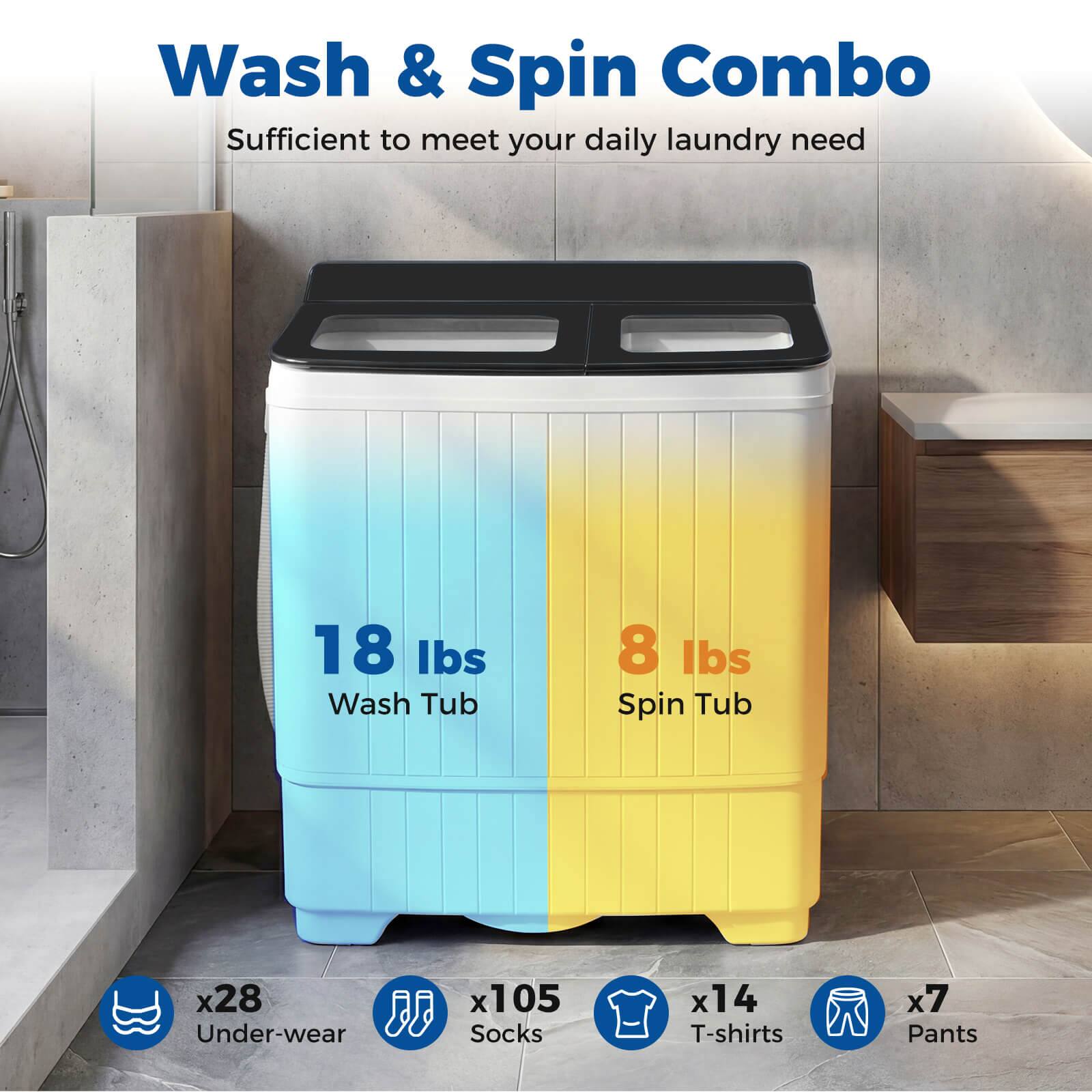 Wash & Spin Combo  
Sufficient to meet your daily laundry need  

18 lbs Wash Tub  
8 lbs Spin Tub  

x28 Underwear  
x105 Socks  
x14 T-shirts  
x7 Pants