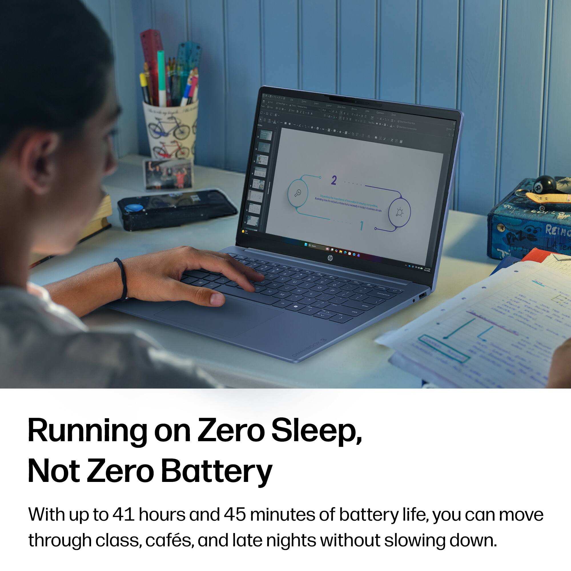 Running on Zero Sleep, Not Zero Battery

With up to 41 hours and 45 minutes of battery life, you can move through class, cafés, and late nights without slowing down.