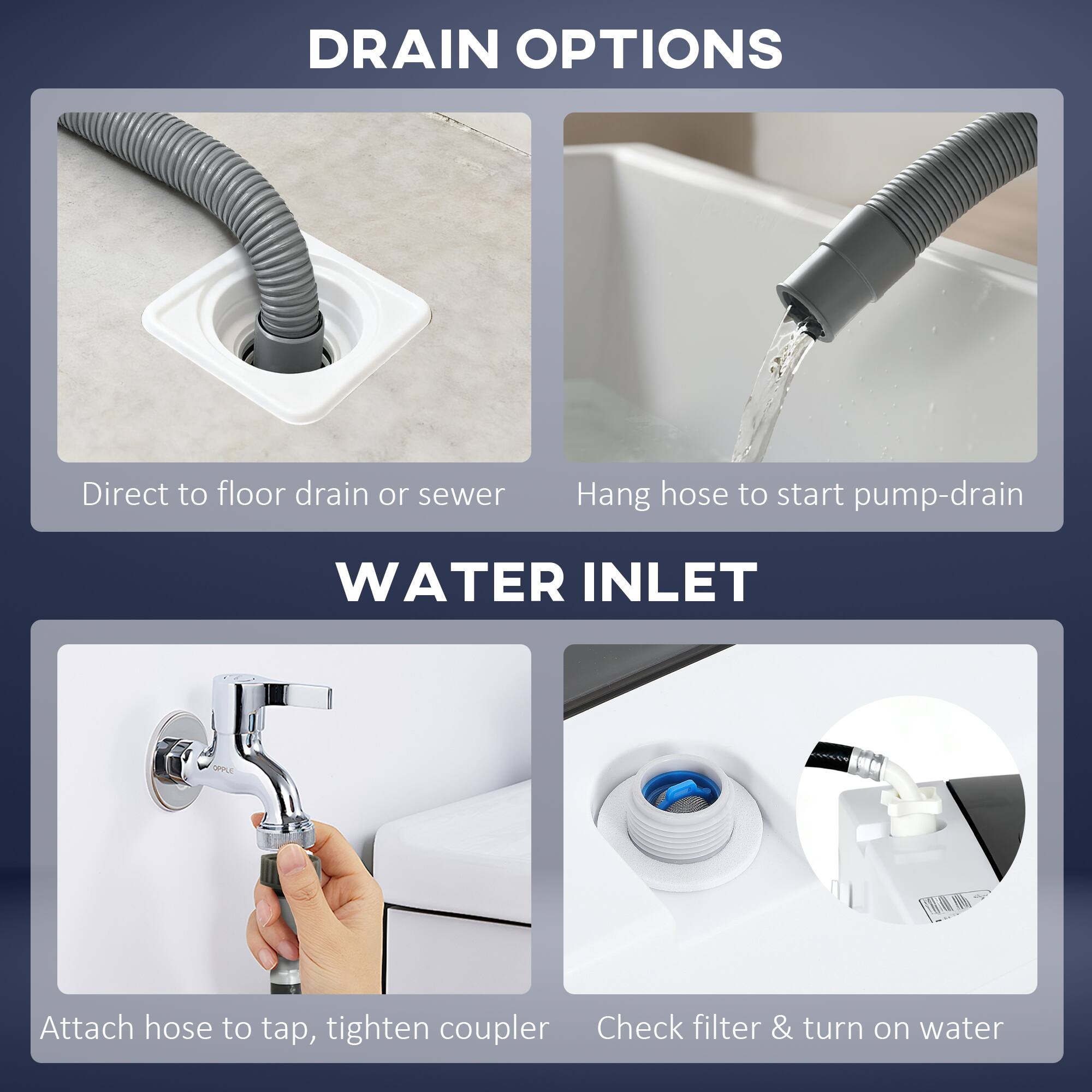 **DRAIN OPTIONS**
- Direct to floor drain or sewer
- Hang hose to start pump-drain

**WATER INLET**
- Attach hose to tap, tighten coupler
- Check filter & turn on water