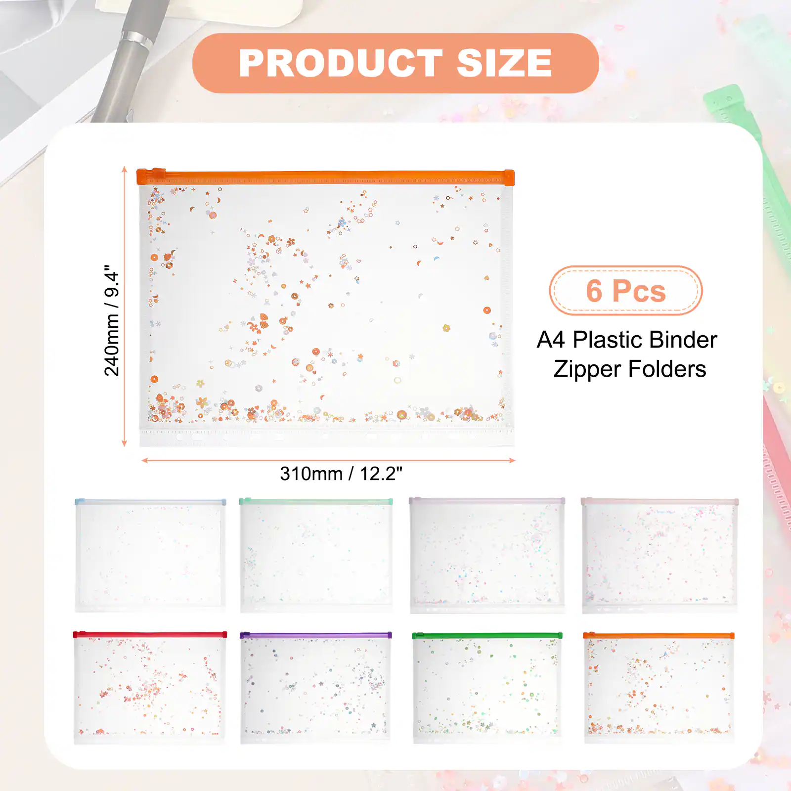 PRODUCT SIZE 9.4" 9 / 240mm 6 Pcs A4 Plastic Binder Zipper Folders 310mm / 12.2"