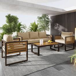 Whisen - 4-Piece Acacia Wood & Metal Patio Conversation Sofa Set for 5, with 4-Inch Thick Removable Cushions - Brown