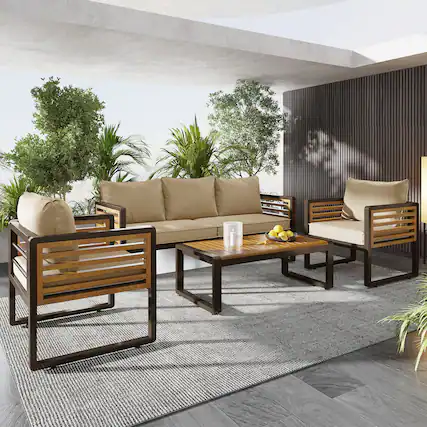Front. Whisen - 4-Piece Acacia Wood & Metal Patio Conversation Sofa Set for 5, with 4-Inch Thick Removable Cushions - Brown.