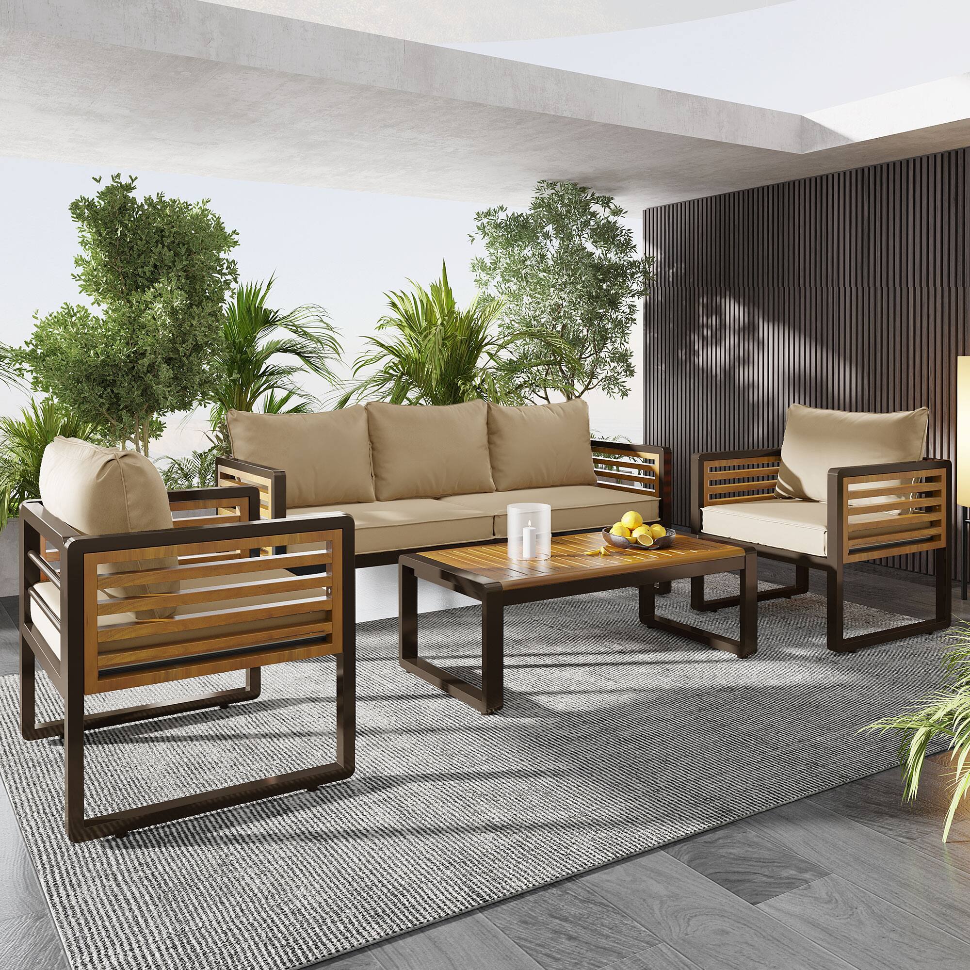Front. Whisen - 4-Piece Acacia Wood & Metal Patio Conversation Sofa Set for 5, with 4-Inch Thick Removable Cushions - Brown.