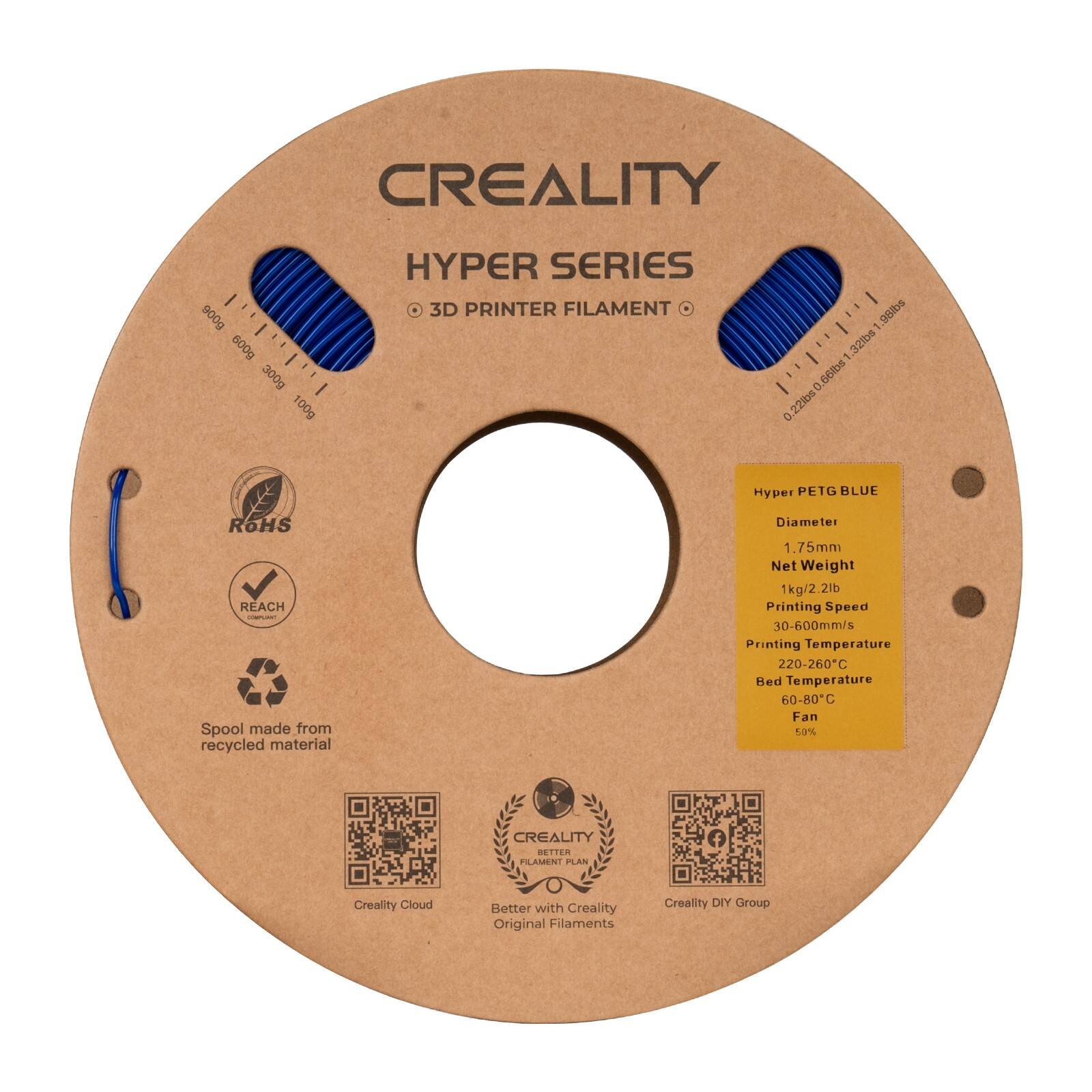 CREALITY HYPER SERIES I 3D PRINTER FILAMENT . 8Ibs 500 - ludlulal 5009 lululul 32bs - 300g 56ls - 100g 22ks d Hyper PETG BLUE ROHS REACH Spool made from recycled material Diameter 1.75mm Net Weight 1kg/2.2it Printing Speed 30-600mm/s Printing Temperature 220-260C Bed Temperature 60-80C Fan 50% Creality Better Flament Plan Creatity Cloud Better with Creality Original Filaments Creatity DIY Group