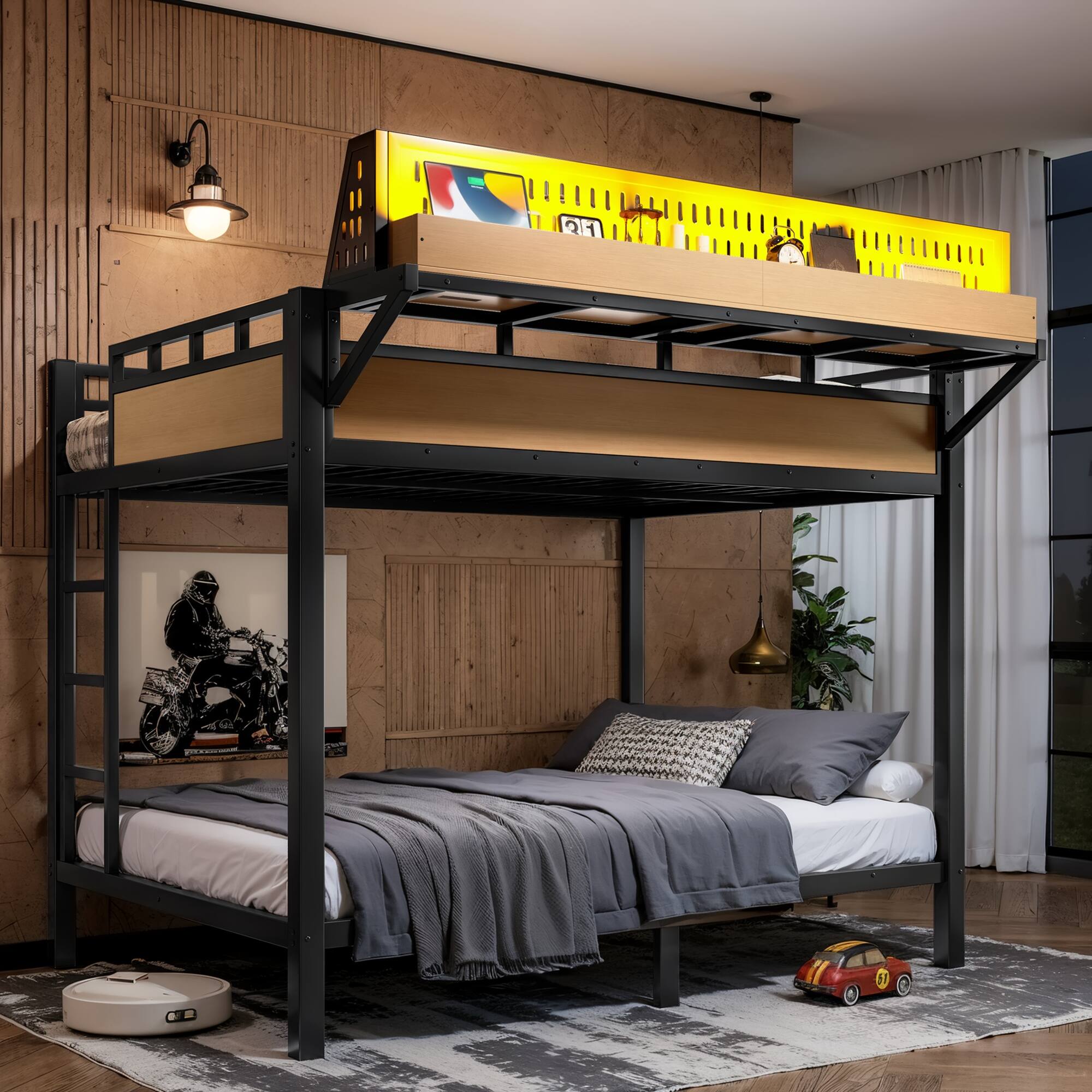 Alt View 1. Boyel Living - Full over Full Size Metal Bunk Bed with Storage Shelves and Pegboard Bunk Bed Frame - Black.
