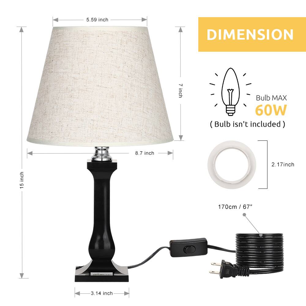 DIMENSION  
- 5.59 inch  
- 7 inch  
- 8.7 inch  
- 15 inch  
- 3.14 inch  
- 2.17 inch  

Bulb MAX 60W (Bulb isn't included)  

170cm / 67"